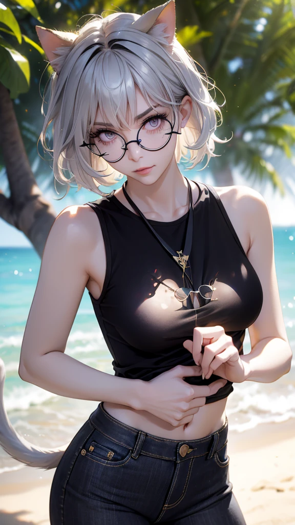 1girl, franja, ombros apertados, Corpo de Loli, Menina de 15 anos, blonde hair, short hair, olhos amarelos, seios, clivagem, boca sensual, seios pequenos, bunda de frente para o espectador, back to screen, sorrir, tenso, micro shorts 1.3, Ultra HD | | | |, Imagem 4k, glasses, character near the camera