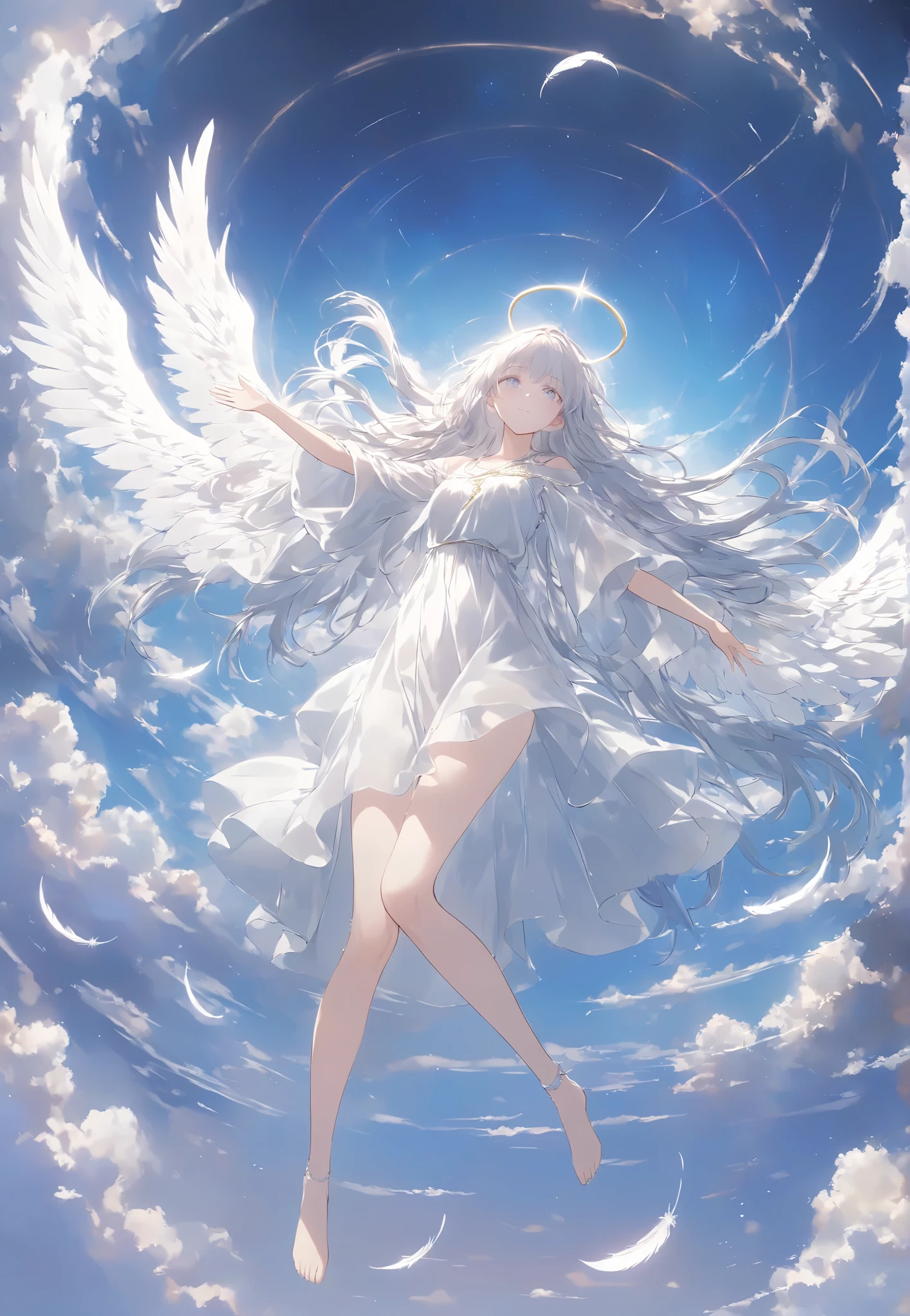 Masterpiece, High Quality , high resolution, 16k, illustration by Makoto Shinkai , animation of images, detailed background, super real, digital paint, dark fantasy, Celestial View , angel girl with white feathers, floating in the air , Expanding Arms Like Christ, Glittering Costume , shiny long hair、White Eyes, long lashes, clean skin, Beautiful Legs, Light Shining from Behind , Sacred Expressions, Temple of God, Aura of Light, cinematic angle