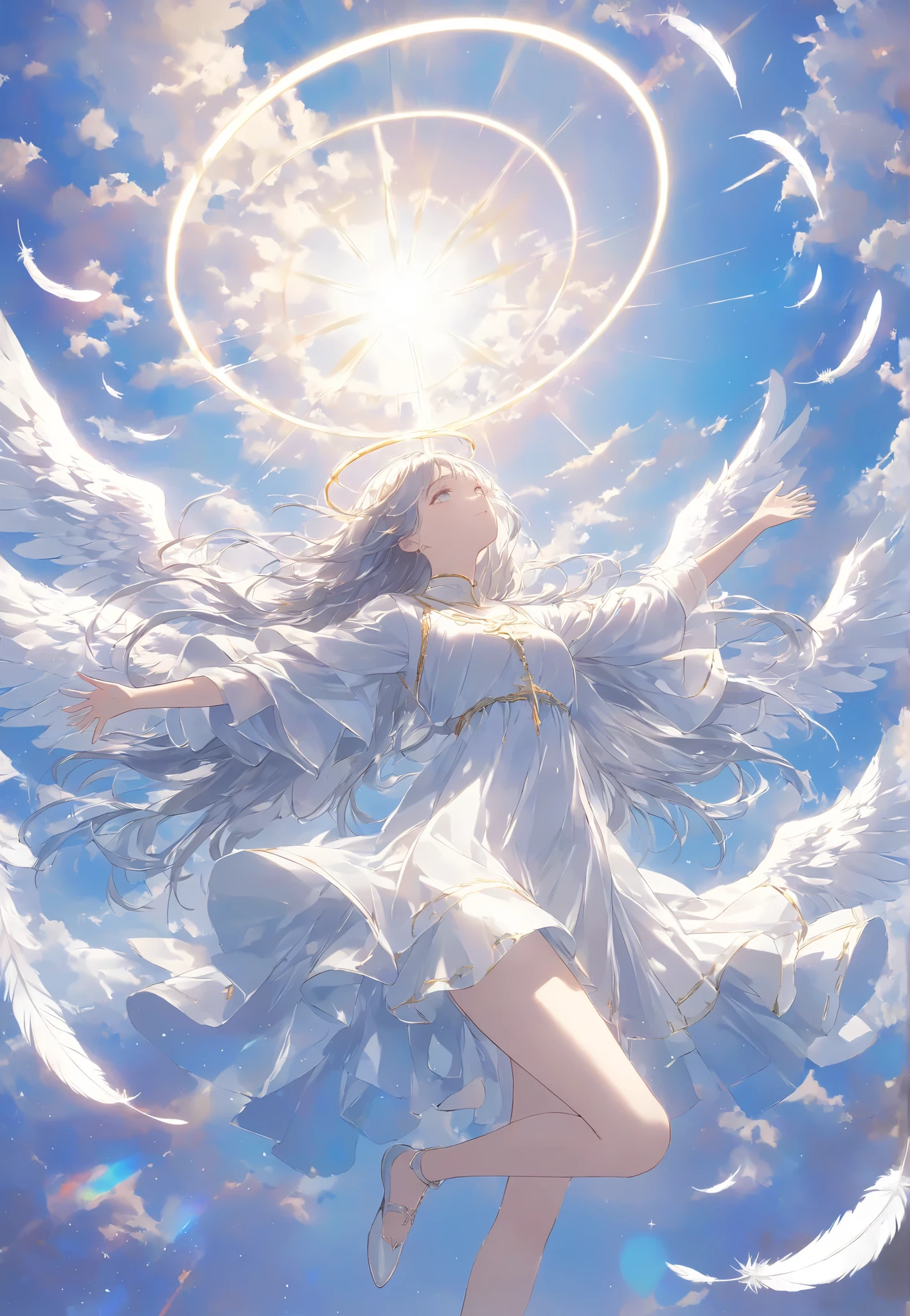 Masterpiece, High Quality , high resolution, 16k, illustration by Makoto Shinkai , animation of images, detailed background, super real, digital paint, dark fantasy, Celestial View , angel girl with white feathers, floating in the air , Expanding Arms Like Christ, Glittering Costume ,Delicate depiction of clothes、 shiny long hair、White Eyes, long lashes, clean skin, Beautiful Legs, Light Shining from Behind , Sacred Expressions, Temple of God, Aura of Light, cinematic angle