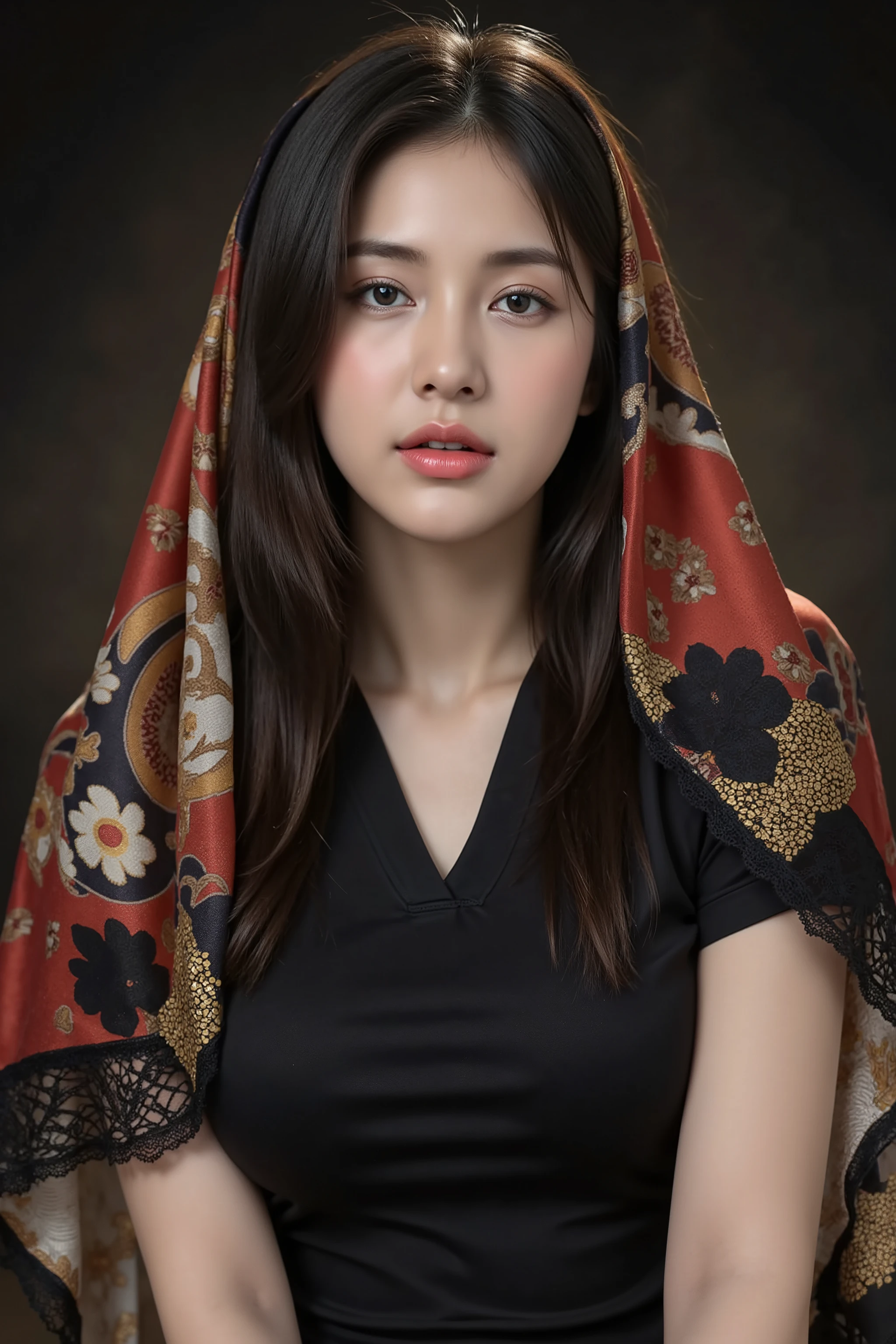 This is a highly realistic digital painting of an East Asian woman with fair skin and long, straight black hair. She wears a vibrant, patterned scarf draped over her head and shoulders, featuring intricate black, gold rim lace designs. Her expression is serene and slightly melancholic, with large, expressive eyes. The background is a dark gradient, highlighting her face and the black scarf. The painting is hyper-detailed, capturing the textures of the silk and the softness of her skin.