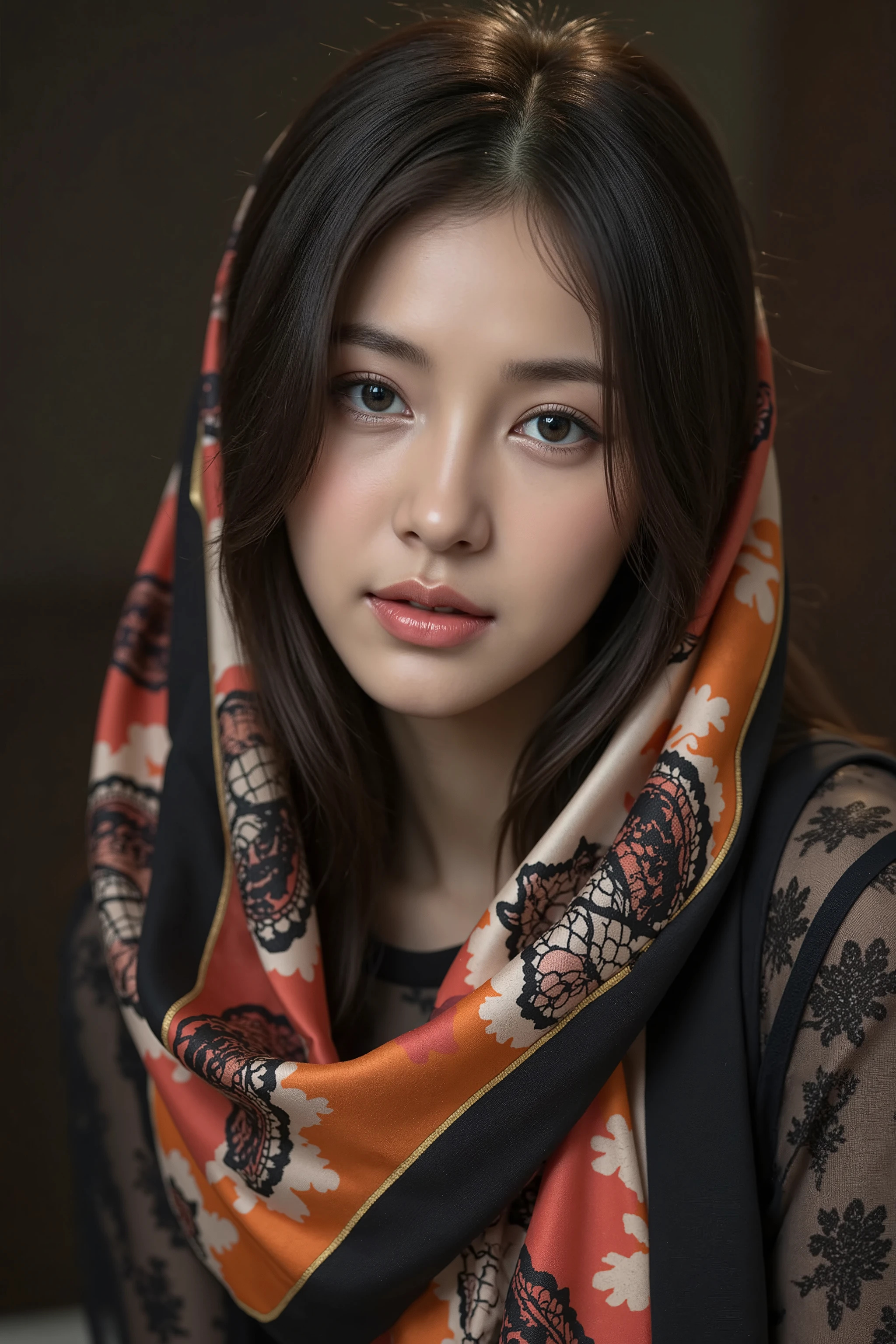 This is a highly realistic digital painting of an East Asian woman with fair skin and long, straight black hair. She wears a vibrant, patterned scarf draped over her head and shoulders, featuring intricate black, gold rim lace designs. Her expression is serene and slightly melancholic, with large, expressive eyes. The background is a dark gradient, highlighting her face and the black scarf. The painting is hyper-detailed, capturing the textures of the silk and the softness of her skin.