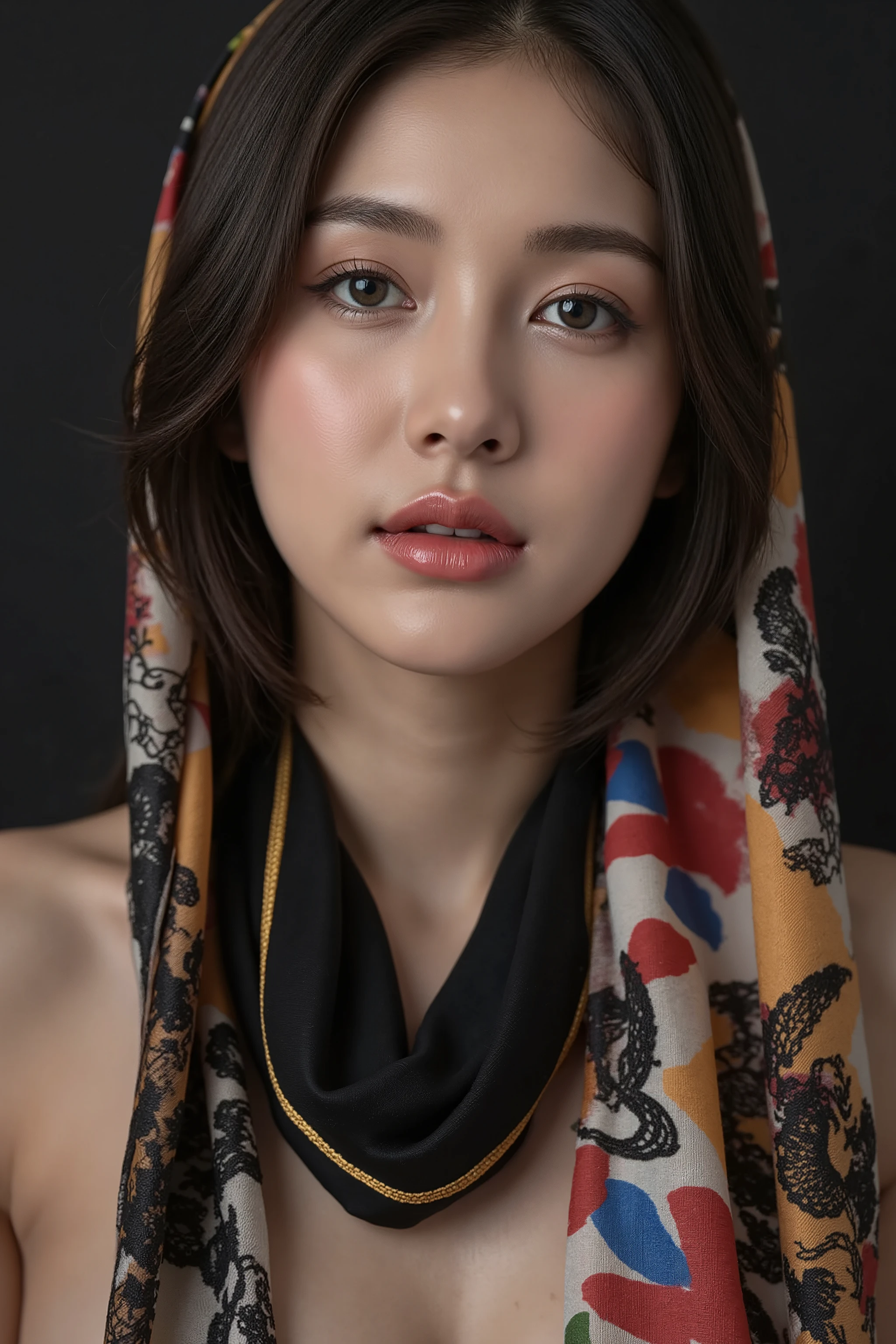 This is a highly realistic digital painting of an East Asian woman with fair skin and long, straight black hair. She wears a vibrant, patterned scarf draped over her head and shoulders, featuring intricate black, gold rim lace designs. Her expression is serene and slightly melancholic, with large, expressive eyes. The background is a dark gradient, highlighting her face and the black scarf. The painting is hyper-detailed, capturing the textures of the silk and the softness of her skin.
