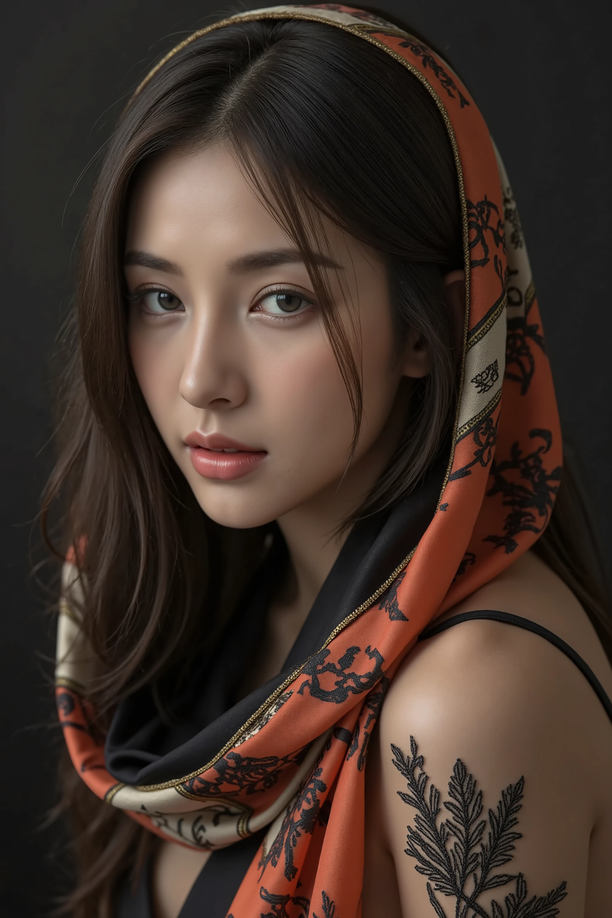 This is a highly realistic digital painting of an East Asian woman with fair skin and long, straight black hair. She wears a vibrant, patterned scarf draped over her head and shoulders, featuring intricate black, gold rim lace designs. Her expression is serene and slightly melancholic, with large, expressive eyes. The background is a dark gradient, highlighting her face and the black scarf. The painting is hyper-detailed, capturing the textures of the silk and the softness of her skin.