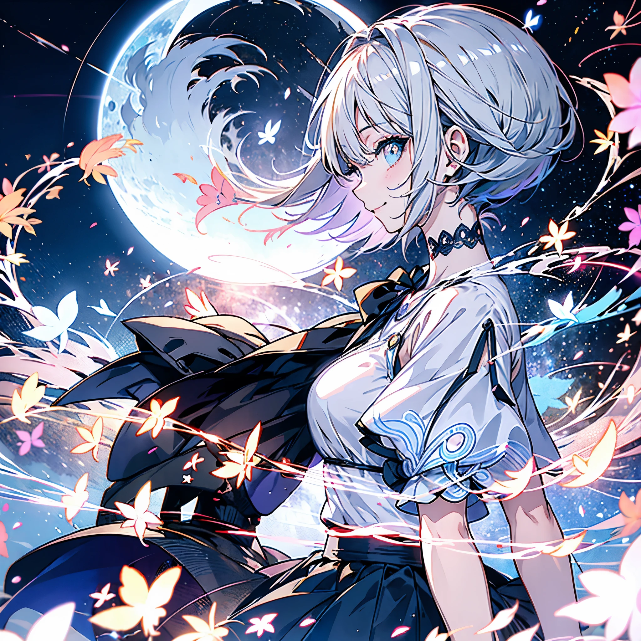 (((delicate eyes)))、smile、Anime girl  , short hair, white hair, cute anime girl  、from the side、profile、smile、colorful stars、night sky、moon、Fractal Art、Gwythe、