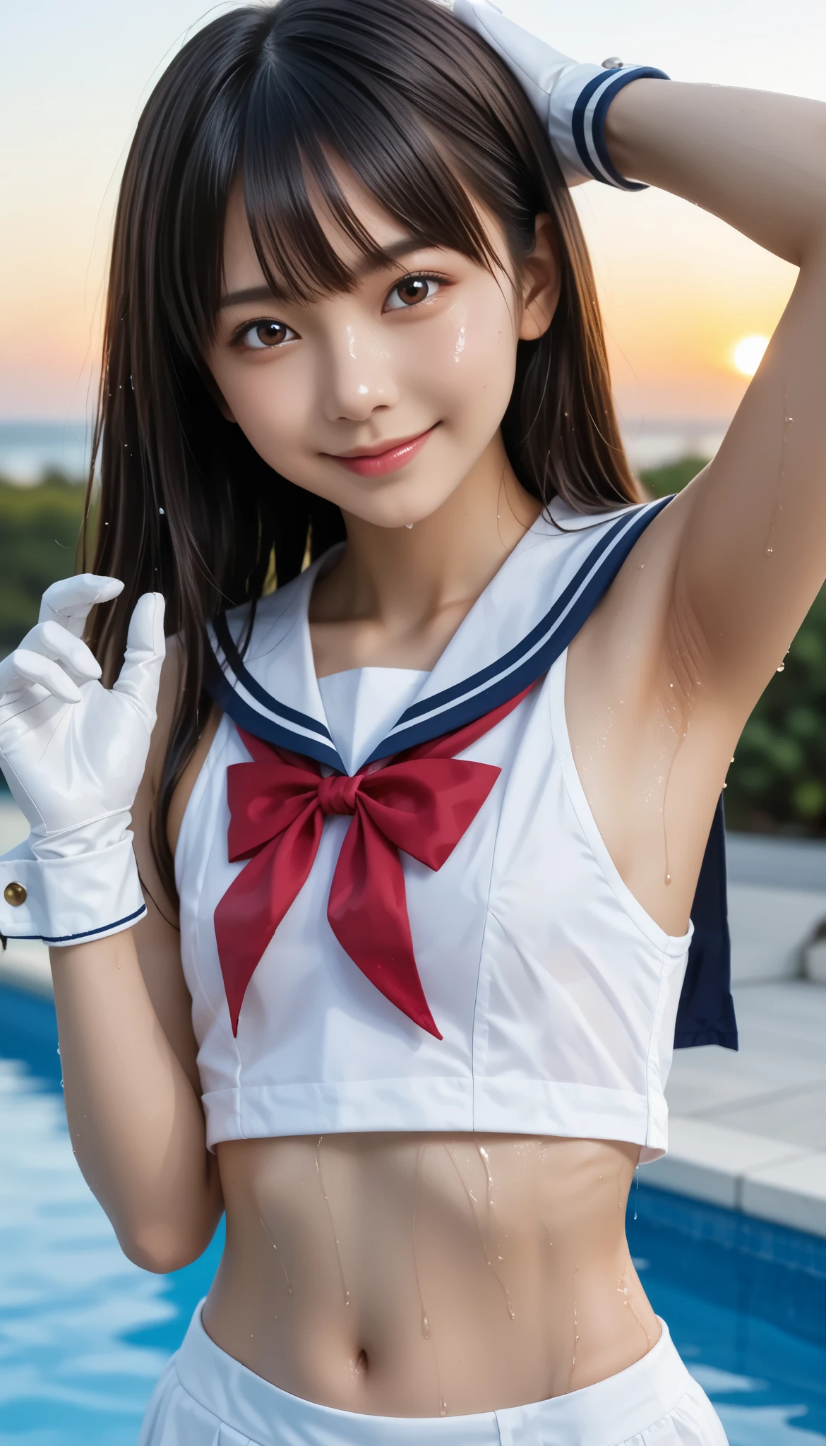 ((Realistic:1.3)), Absurd, (highest quality), (masterpiece),(Very detailed:1.2), (High resolution), Half body 1 person, alone, Same 1, tiara, Sailor Warrior Uniforms, White gloves, Red Sailor Collar, Red Skirt, Dutch Angle, Angle from below, A gentle smile, Sit on a wooden bench, spread legs, Showing panties, white panties, cameltoe, Small Breasts, Wisteria flowers in full bloom