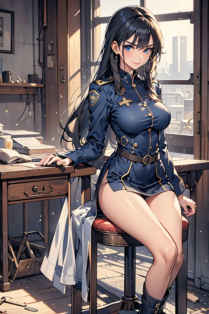 masterpiece, best quality, hyper detailed, ultra detailed, 1girl, solo, solo focus, library room, high school girl, superhero, blue and white leotard, black hair, bare legs, boots, matching gloves, heroic, hand on hip, standing, solo, single