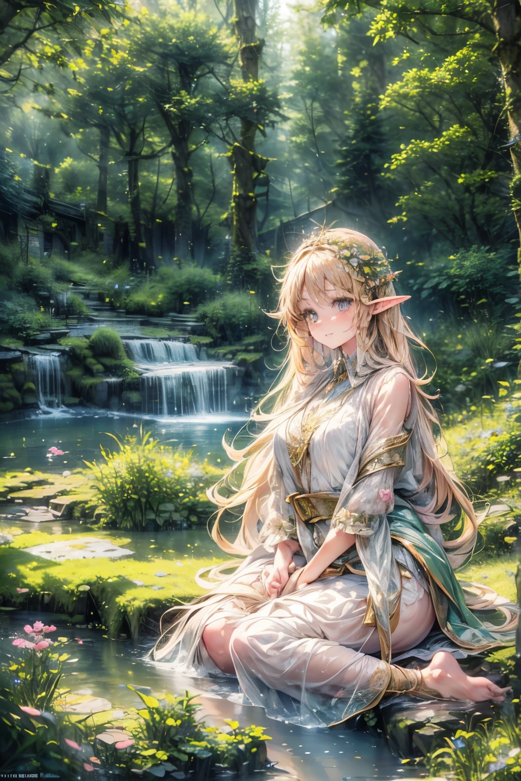 masterpiece, best quality , very detailed on trends,photo realistic, realistic, Ultra High Resolution, Masterpiece, beautiful girl, ager,Blonde, Straight Hair , perfect eyes, so cute,smile, fantasy outfit,Decorations,Elf,forest,forestの中の村, dynamic pose