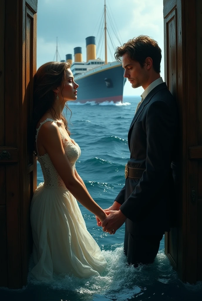 Screenshot of classic scene from Titanic: Jack holding Rose,subtitle(you jump i jump)
