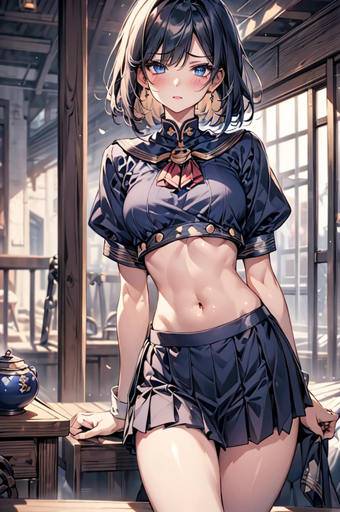 Nakiri Alice、angry face、Huge 、Light uniform Good floral pattern blue gingham check miniskirt、Women only room、standing、white loose socks、Navel exposed、Slender、gray hair、gold earrings、watch、point the camera