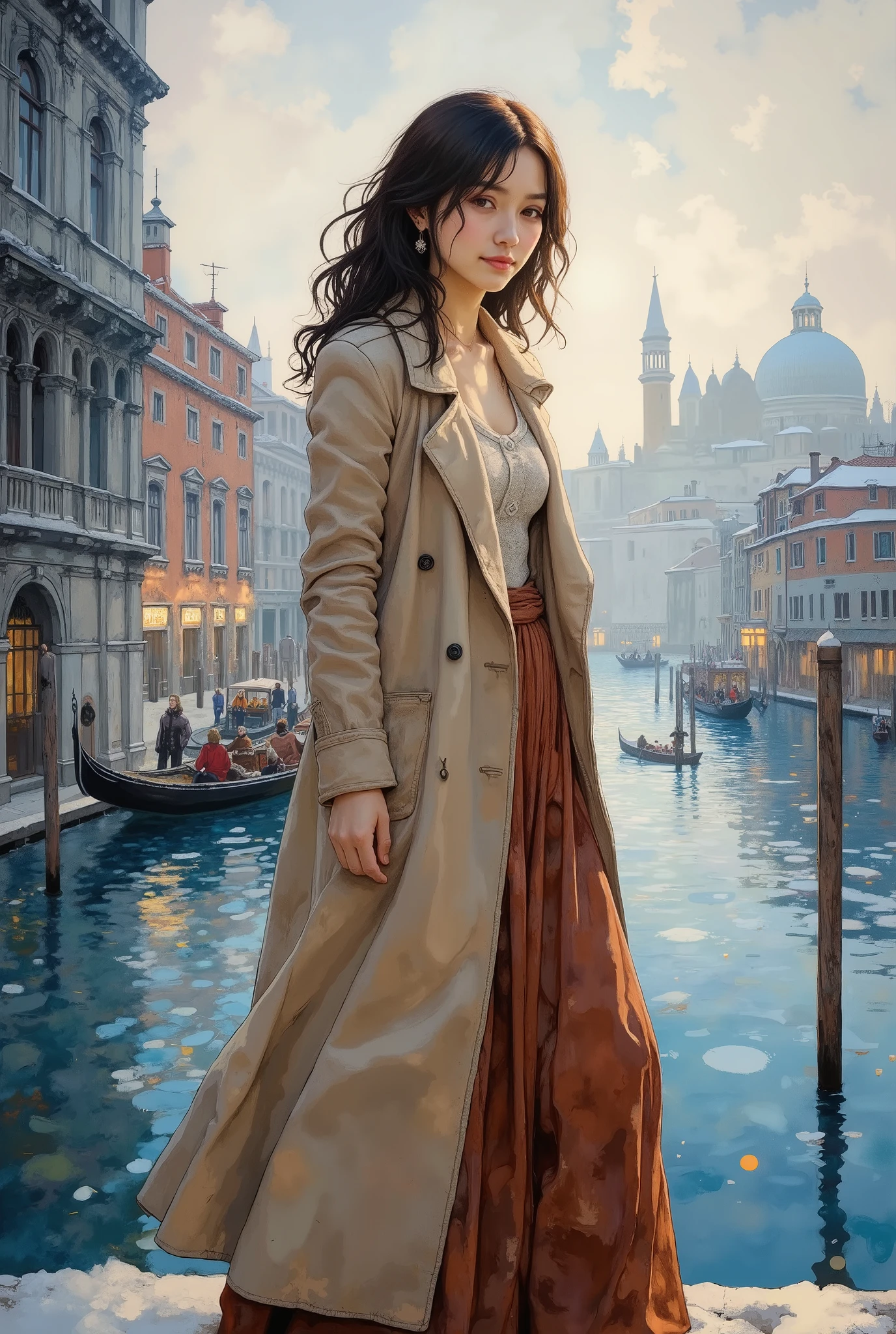 (8k,  top quality,   Masterpiece  ,  Final Fantasy Style: 1.2),Impressionist paintings, landscape paintings, pointillism, paintings influenced by Seurat, Venice in winter, St. Mark's Square, canal, gondola, Venice in fog, thick morning mist, quiet dawn, twilight canal, soft morning sun, beautiful woman in long skirt and long coat smiling with morning sun on her face, close up