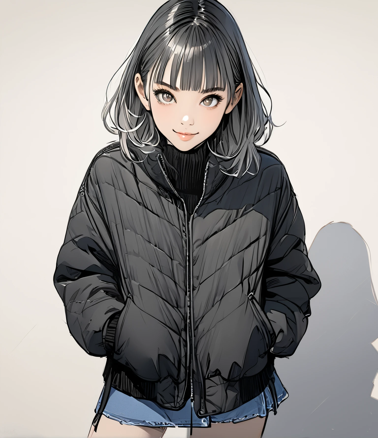 ((( Masterpiece)))、(( 1girl ))、(((8k)))、(sketch),shadow、
(signature pose)、dynamic pose,Age 18、((drooping eyes)),(Wisteria:0.1),dark gray eyes, hair,Bangs that catch your eyes a little,smile.
,winter Clothes 、blouson 、boots、denim micro mini skirt,
(Top Quality I )、 detailed face 、 detail texture 、View the depth of the writing垂れ目, raise eyebrows , fuzzy expression ,