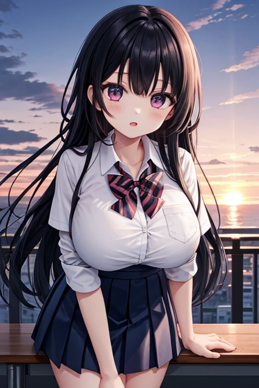 top view, girl, big boobs, cleavage, big hips, messy dark purple hair, orange eyes, balcony, leaning on the railing, sunset
