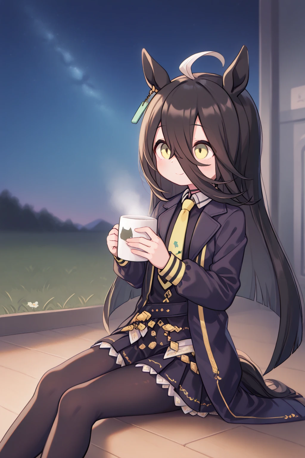 score_9, score_8_up, score_7_up, score_6_up, score_5_up, source_anime,Manhattan Cafe \(umamusume\),1girl,Black stockings under an outdoor jacket.,
Sitting on an outdoor chair,One hand for hot coffee
Starry sky in the background, Portrait,blush,pointing at viewer