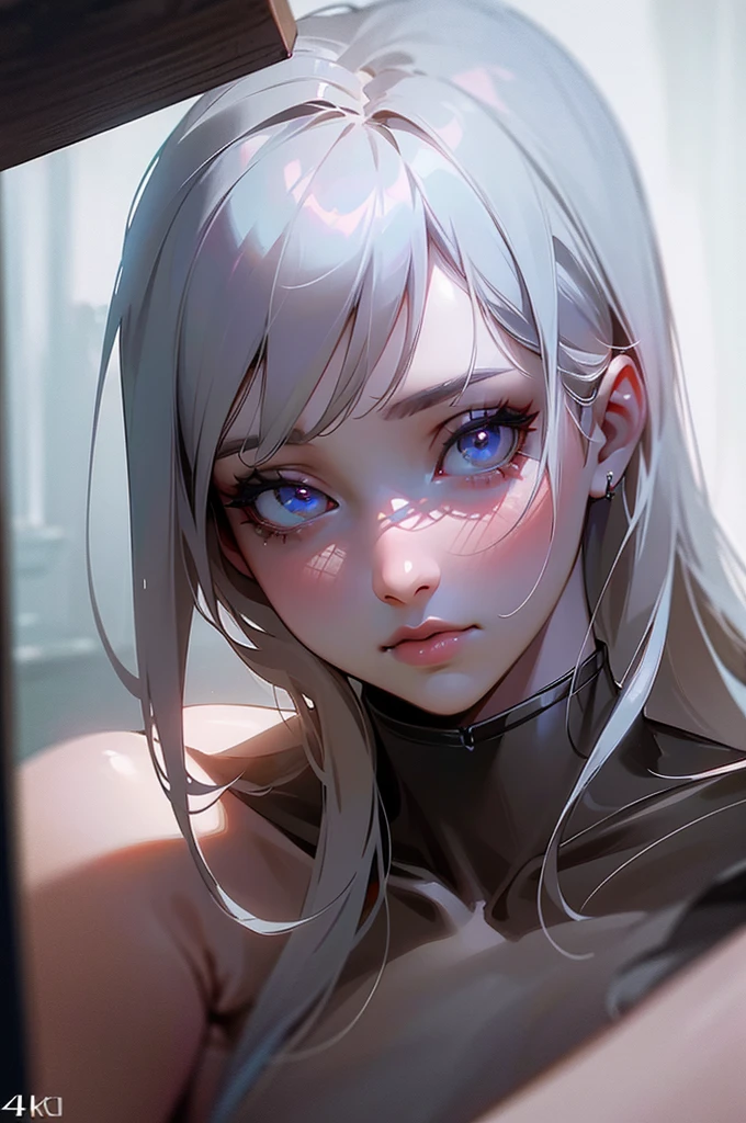 Pale skinned woman, cabelos negros e ondulados; olhos completamente negros; close no rosto.