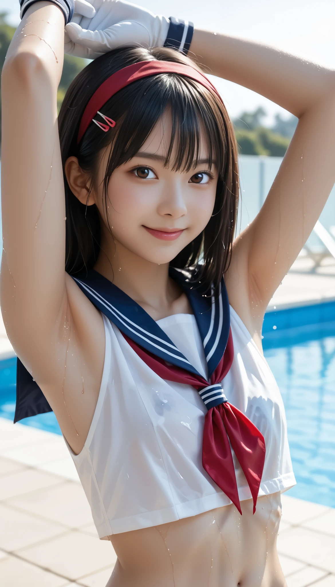 wet single Japanese 、masterpiece 、 top quality 、 ultra high definition、 realistic、 dim sunset sunset 、 RAW photos 、4K Ultra HD、1080P、 oily skin、 brown eyes、 black hair、 wet straight hair 、yellow headband , hair clip、 beautifully manicured hair 、smile、 selfie、 break ((( flat chest without bulging、 beautiful model armpit close-up 、Focus on the chest , focus clearly on armpits)))、 break (((Close-up chest)))、 break ((( focus on beautiful armpits )))、 break (((Wet sailor collar , sailor red ribbon、sailor cuffs、White Gloves、No pants)))、((Sunset sky 、Outdoor Pool、 blur background))、(((Five fingers)))、((( anatomically correct)))