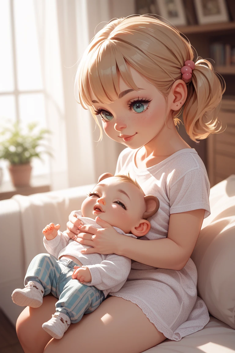 a woman hold a girl,onesie,smile,