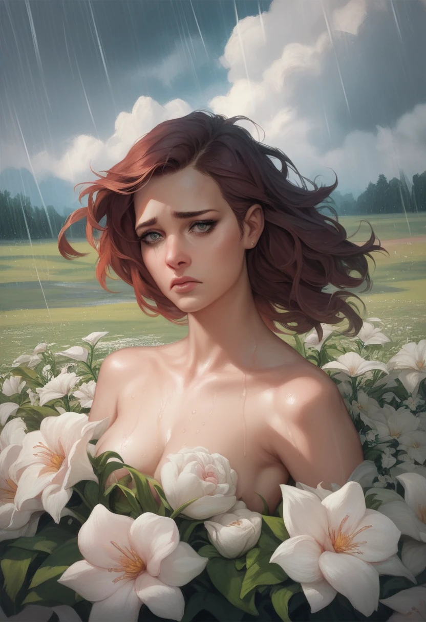 (masterpiece:1.2), (best quality:1.2), perfect eyes, perfect face, perfect lighting, topless girl, mature female in a field, medium blond hair, curly hair, detailed clothes, detailed outdoor background, ruined makeup, eyeshadow, thick eyelashes, fantasy, looking at the viewer, rainy spring