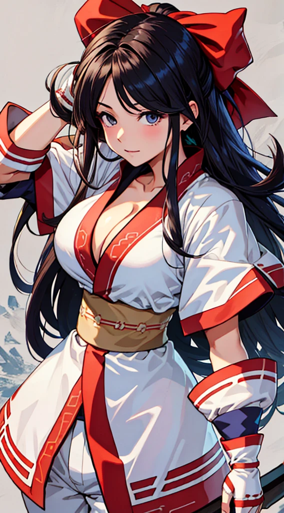 (master piece,best quality,High resolution,big breasts,cleavage,unity 8k wallpaper,Highly detailed CG:1),(enlightenment:1.0),1 girl,alone,nakorurums,Bow knot,hair band,ainu clothes,fingerless gloves,short sleeve