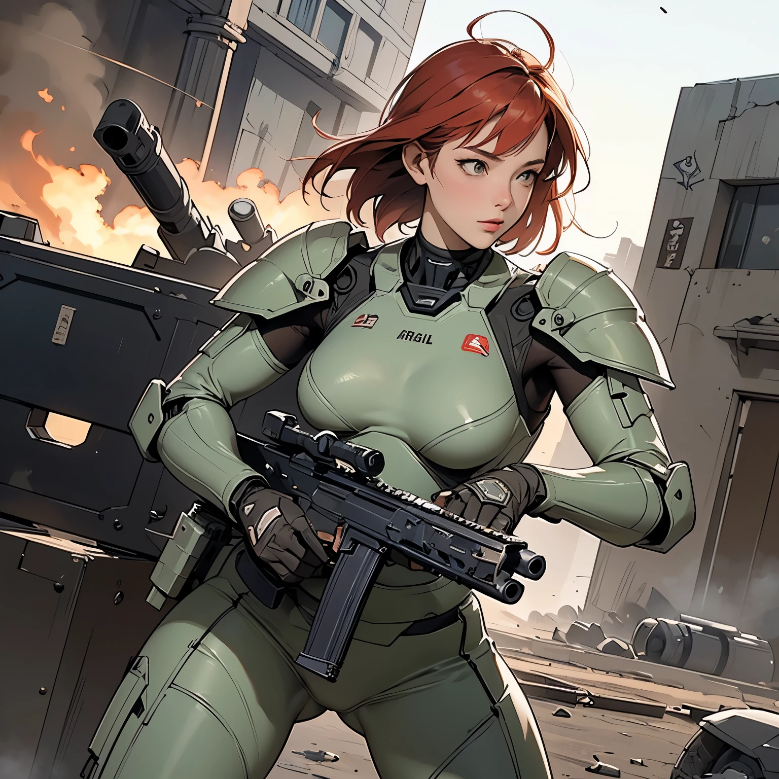 nsfw, anime screencap, 16K, perfect anatomy proportion body, perfect hands, action, A dynamic composition with a sense of speed and movement, (Hold an assault rifle:1.6), a wife, 40age, perfect beautiful delicate sexy face, perfect beautiful delicate slanted eyes, red hair, swept bangs pixie cut, medium breasts, abs, Camouflage-colored heavy armored steam engine full armor powered suit, Many heavily armored robot soldiers are engaged in a firefight in the background., Flying bullets, Desert Battlefield, war, Post-apocalyptic,