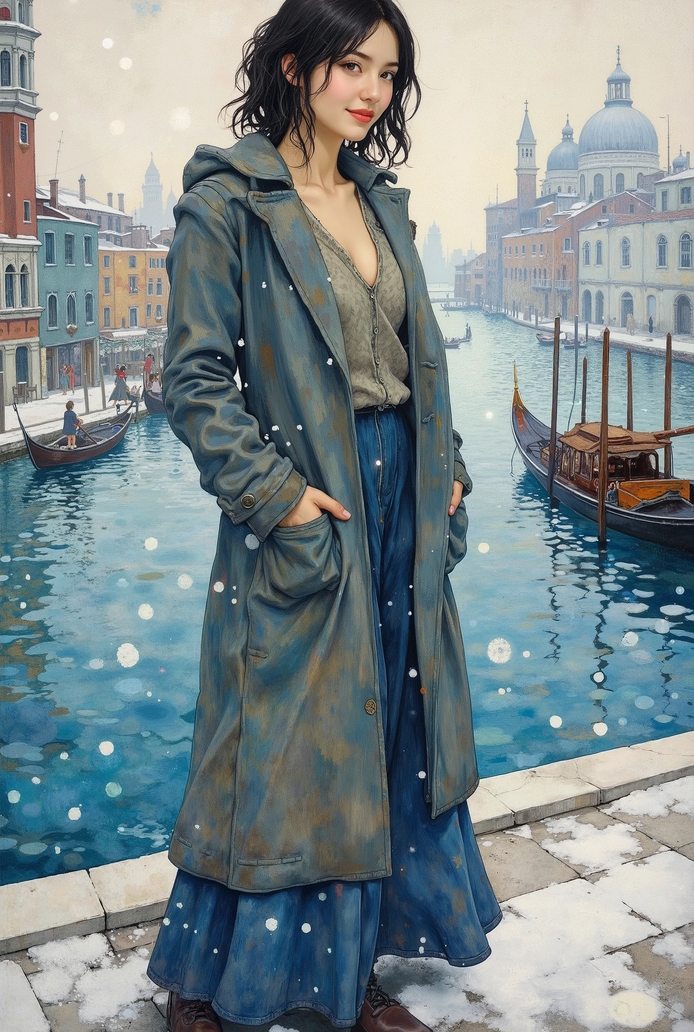 masterpiece, best quality, multiple girls, (closeup), 18yo teen, slim, small breast, smile, tired, walking in water, green raincoat, military pants, blue sky, bright sunlight, (flood), city ruins, watercolor, (topless:1.4)