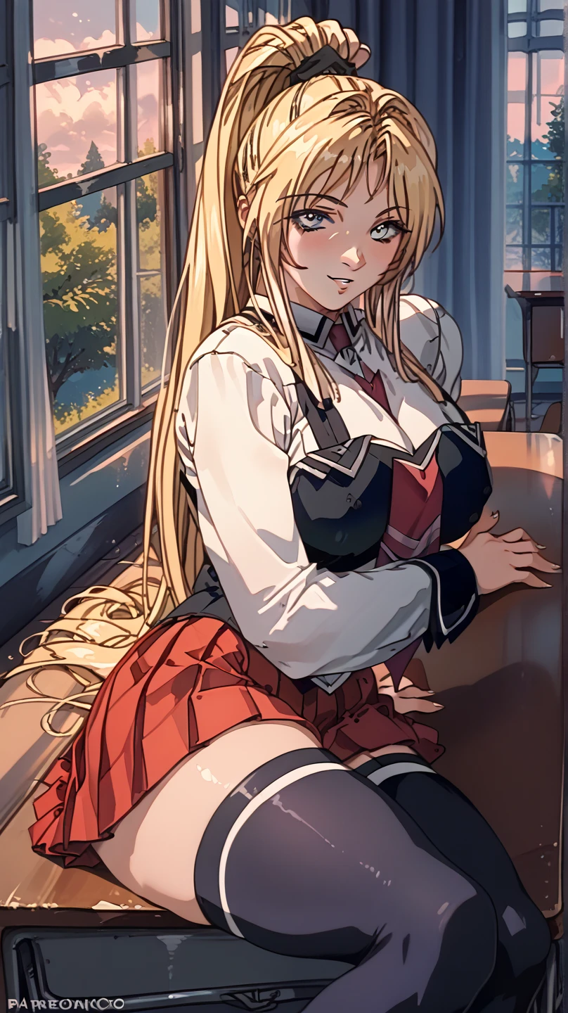 top-quality、hight resolution、1girl in、Shokuho Misaki、The long-haired、Tokiwadai uniform、student clothes、blonde hair、thighs thighs thighs thighs、gloves、skirt by the、Sweater Vest、white thighhig、white glove、+_+、elbowgloves、yellow eyes、pleatedskirt、shortsleeves、symbol-shaped pupils、large full breasts、jaket、blazers、sitting on、feet crossed、A smile、perfect hand、cafes、sitting on、