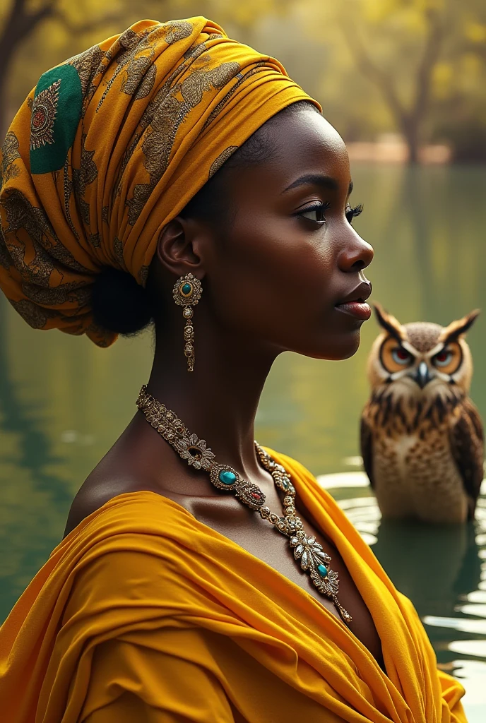  professional style, a black woman, with a very dark skin tone,  shiny skin, strong features, but delicate, fleshy mouth, slightly tucked eyes in honey tone, imposing gold turban on the head, ornaments and jewels like an African Queen, dressed in a shade of yellow with golden, light and flowing cloths, Average height of 1,70, robusta,.but a well-defined silhouette,.without signs of obesity, on one hand a hand mirror, on the arm that holds the mirror an owl with light brown fur, and the other hand caressing the owl High resolution, Ultra HD, 