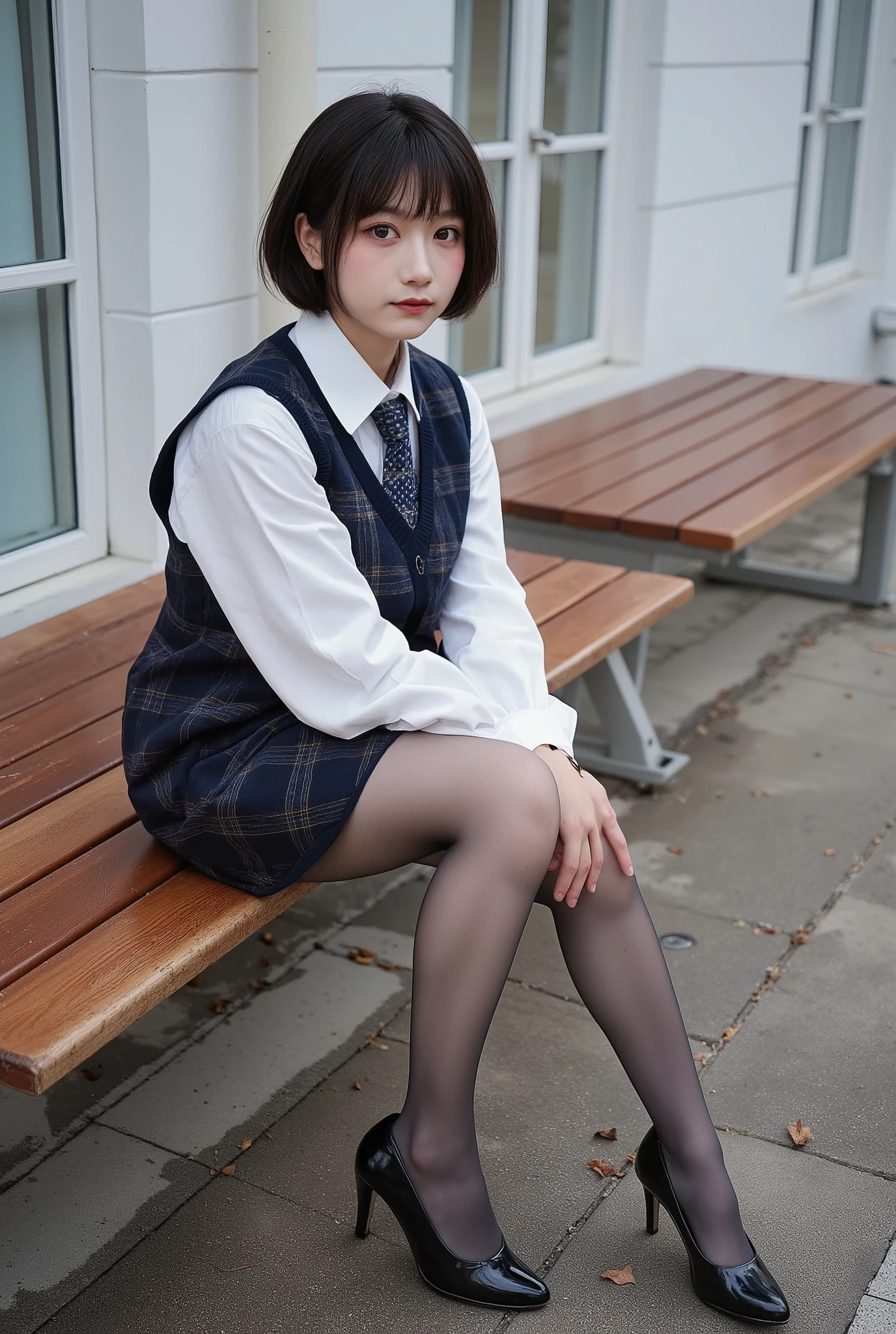 ((masterpiece)), (( best quality :1.4)), ( more details:1,4) , movie lights, ( RAW photos :1.2), ( photorealistic ), (Genuine:1.4), 1 girl 、 Complete anatomy、48 years old、 look at the camera, short hair 、 Plaid Vest 、(( sitting on a bench:1.3))、( perfect and super realistic pantyhose :1.5), ( high heels)、( business services )、