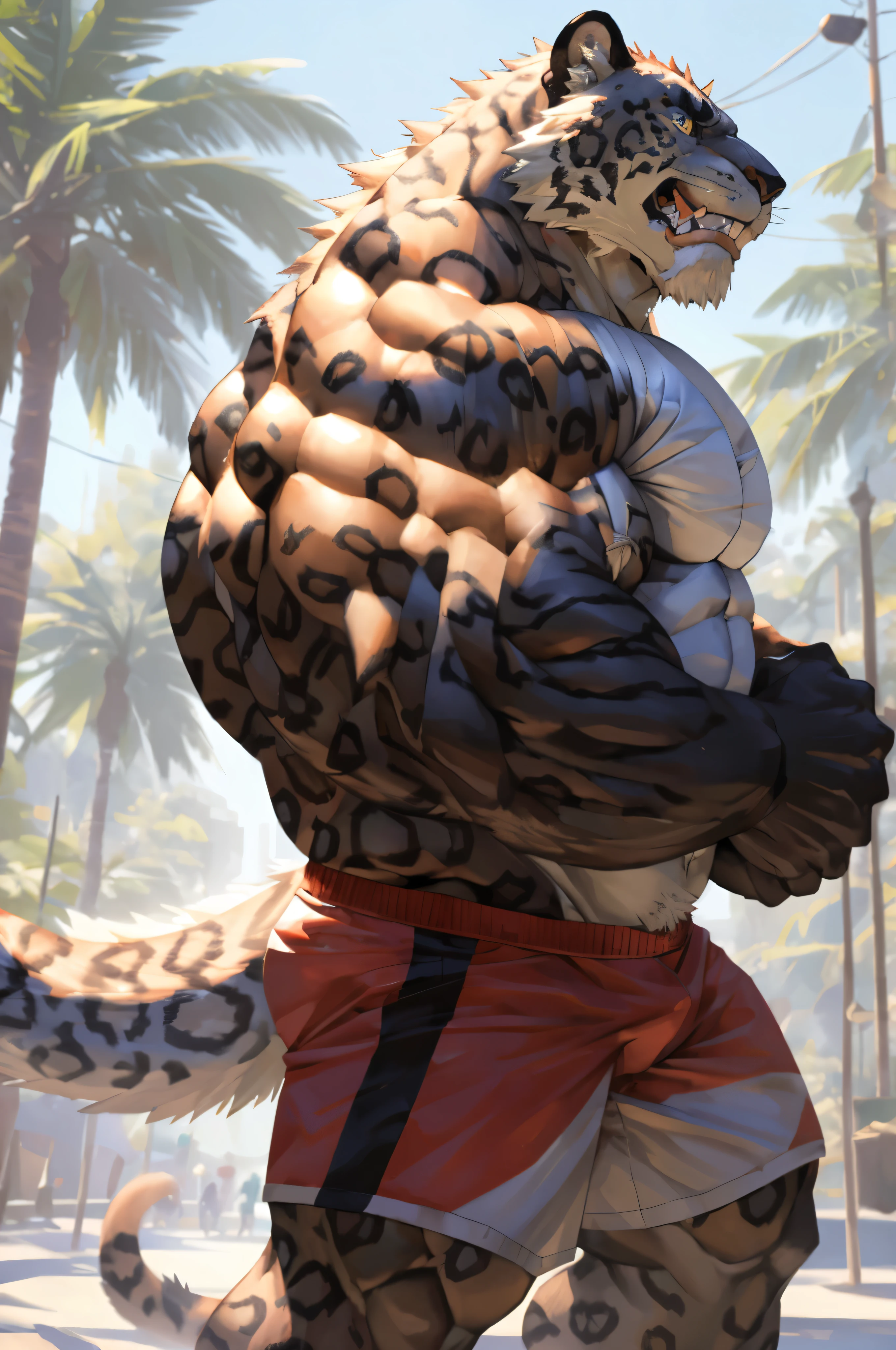 A Leopard naked and wet body, blue eyes, NSFW:1.5, Naked:1.2, Huge penis, Huge balls, topless, Naked, Sexybody, muscular, anthropomorphic, extra detailed body, detailed body, Best quality, masterpiece, ultra high res,detailed background,realistic, real shadow and light,depth of field, (looking at viewer), details skin, fluffy, open mouth, bad boy, sweaty, Summer, coconut tree, Sunny, beach, Leopard.