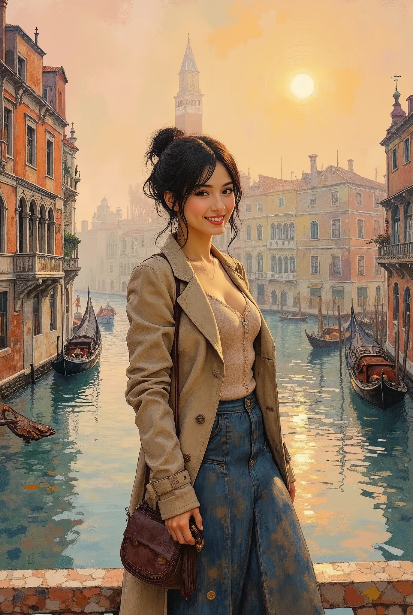 (8k,  top quality,   Masterpiece  ,  Final Fantasy Style: 1.2),Impressionist painting, landscape painting, pointillism, painting influenced by Seurat, autumn in Venice, St. Mark's Square, canal, gondola, foggy Venice, thick morning mist, quiet dawn, twilight canal, soft morning sun, beautiful woman with large breasts wearing a long skirt and long coat smiling with the morning sun on her face, full body close up