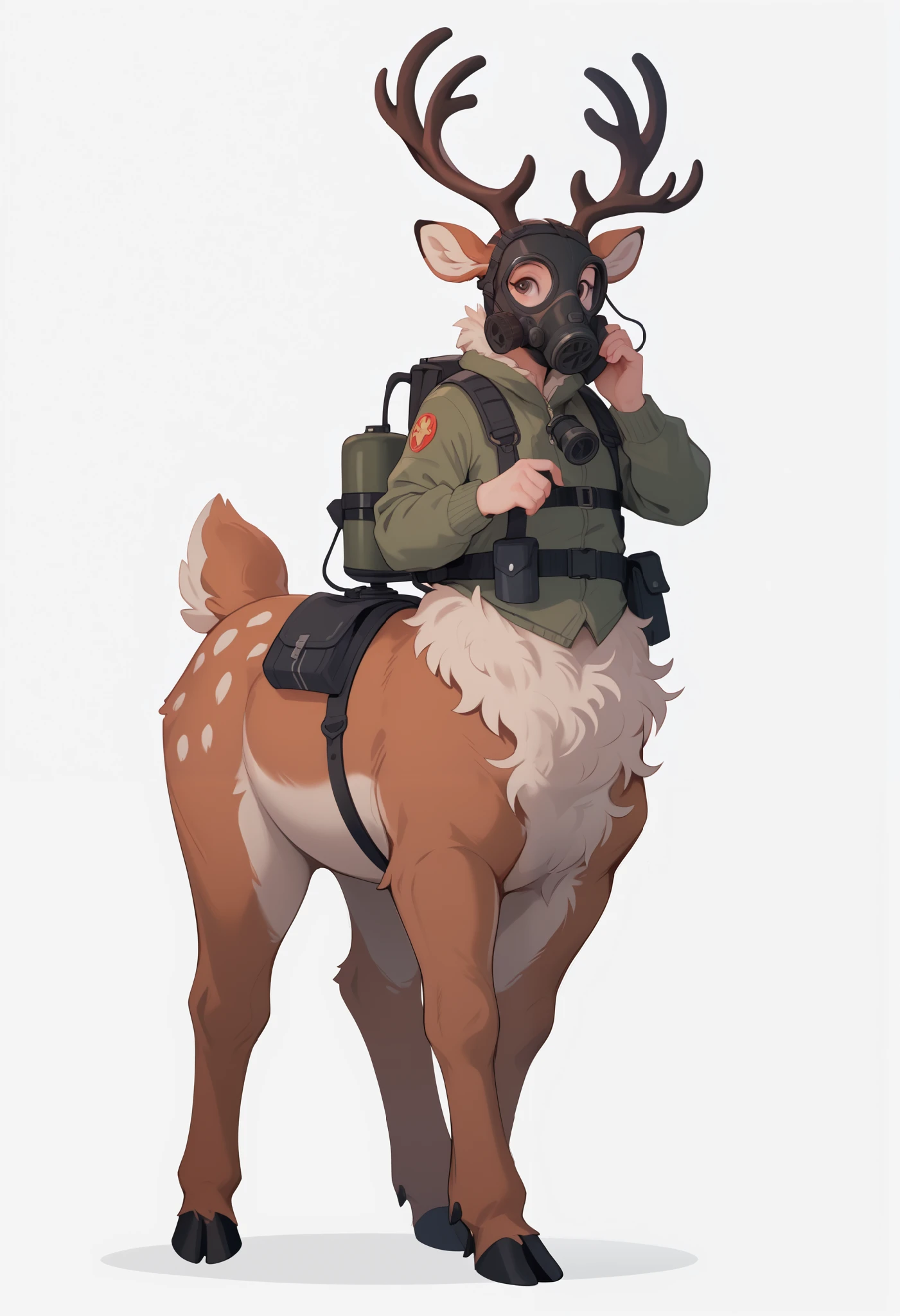 tf2 furrification pyro, deer, small horns, gas mask, taur, animal ears, horns, antlers, white background, simple background, full body, looking at viewer, centauroid, standing, deer ears, reindeer