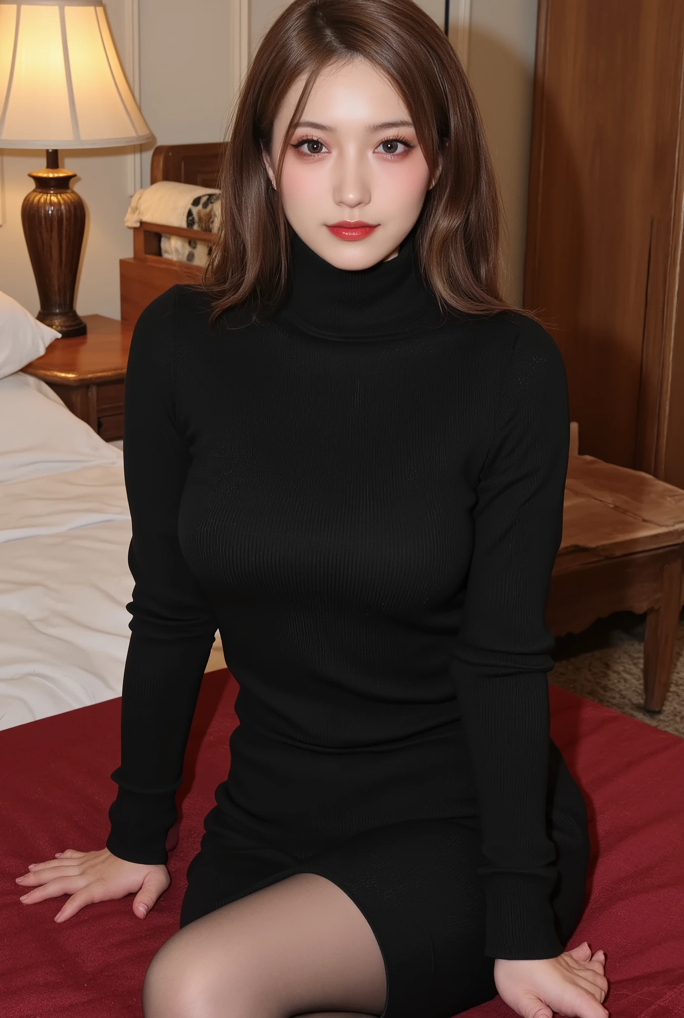 Beauty , Mature Woman , Masterpiece, very detailed, detailed face, beautiful eyes, Details Eye Shadow , lips, Red lipstick, light brown hair , full body, wavy hair, wear a black sheath dress , turtleneck, Exposing the legs, Sexy thick legs , ( perfect and super realistic pantyhose :1.5),