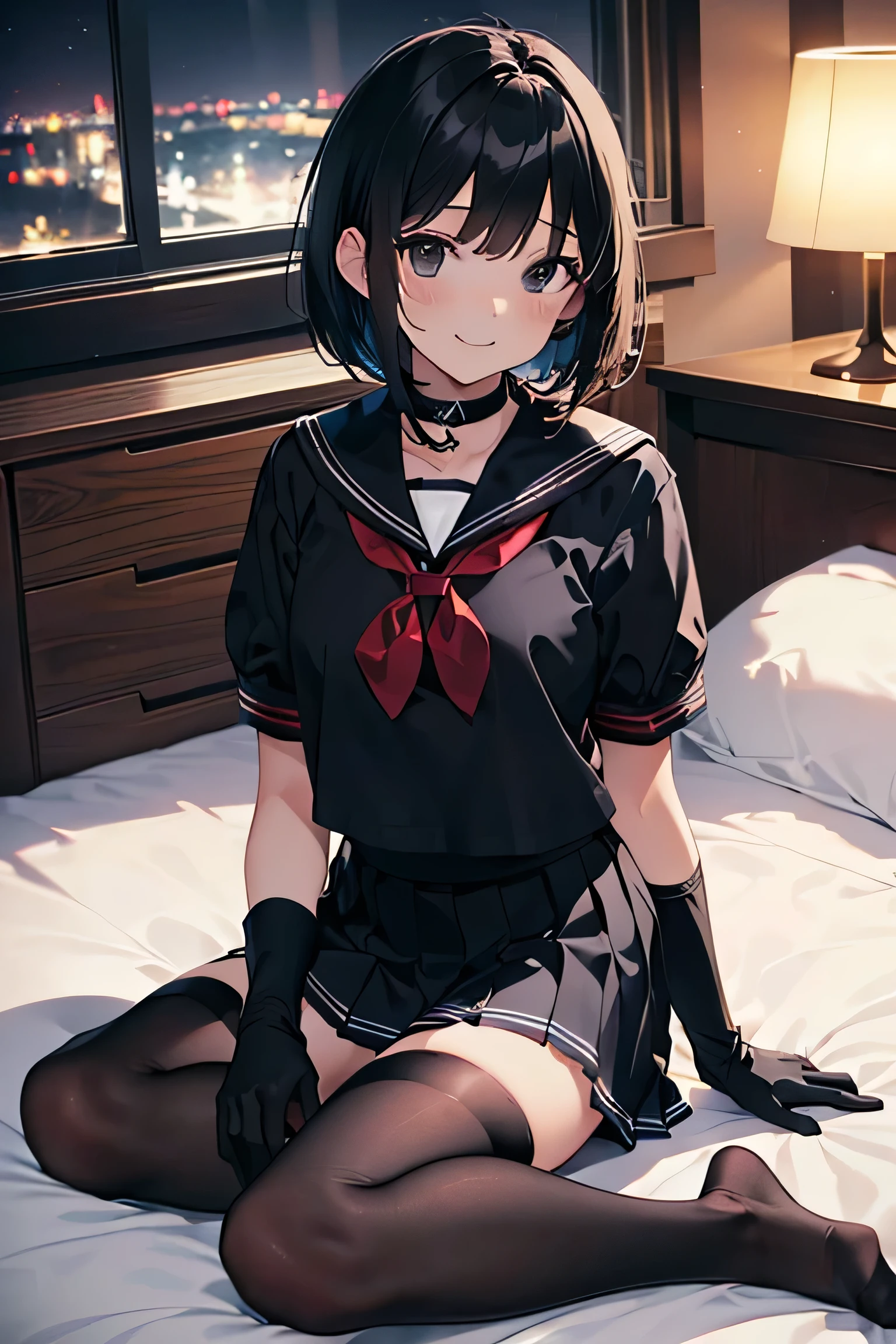 Anime girl sitting on a bed with a night sky in the background - SeaArt AI