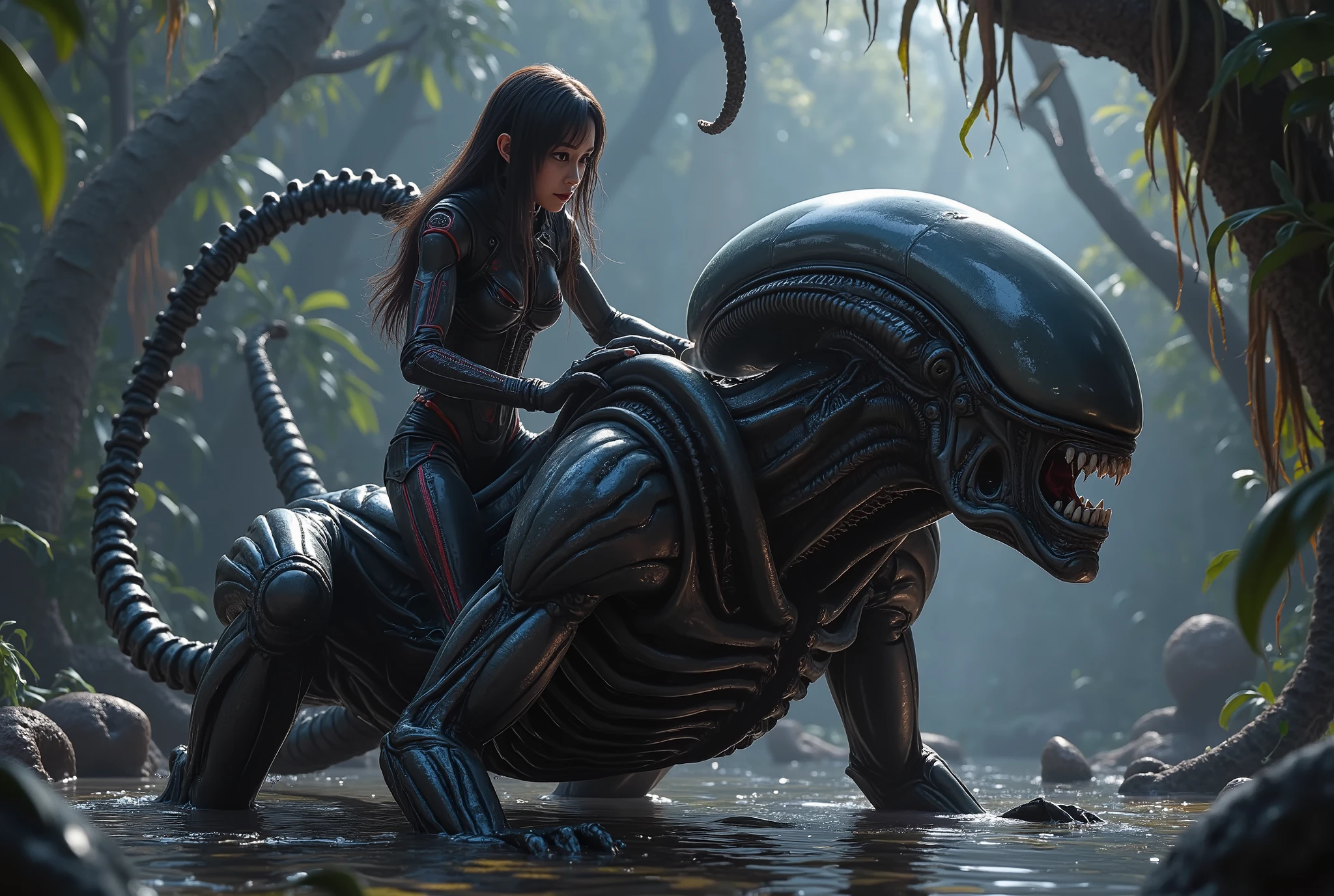Japanese girl in a space suit, about 18 years old, wearing black leather with red trim, tight, long hair, she is riding the back of a xenomorph, alien swamp, misty, scary, but the girl feels safe, xenomorph is her pet and friend, classic fumetto style, Frazetta, Italian horror/sci-fi aesthetic, lurid and vivid colors, technicolor tradition, intricate, detailed,