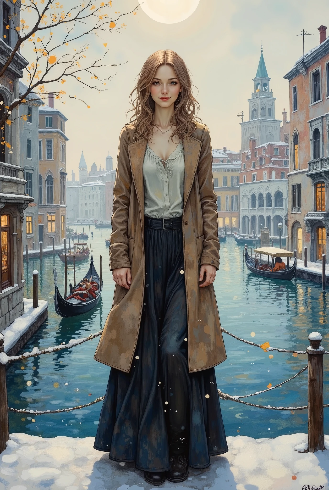 (8k,  top quality,   Masterpiece  ,  Final Fantasy Style: 1.2),Impressionist paintings, landscape paintings, pointillism, paintings influenced by Seurat, Venice in winter, St. Mark's Square, canal, gondola, Venice in fog, thick morning mist, quiet dawn, twilight canal, soft morning sun, beautiful woman in long skirt and long coat smiling with morning sun on her face, close up