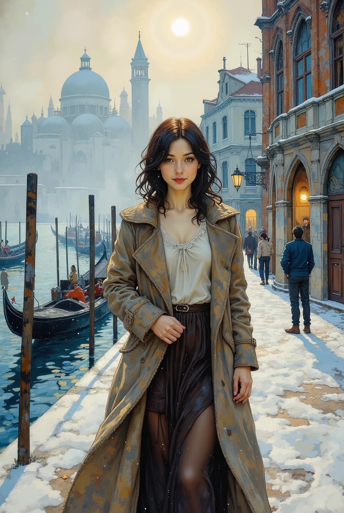 (8k,  top quality,   Masterpiece  ,  Final Fantasy Style: 1.2),Impressionist paintings, landscape paintings, pointillism, paintings influenced by Seurat, Venice in winter, St. Mark's Square, canal, gondola, Venice in fog, thick morning mist, quiet dawn, twilight canal, soft morning sun, beautiful woman in long skirt and long coat smiling with morning sun on her face, close up