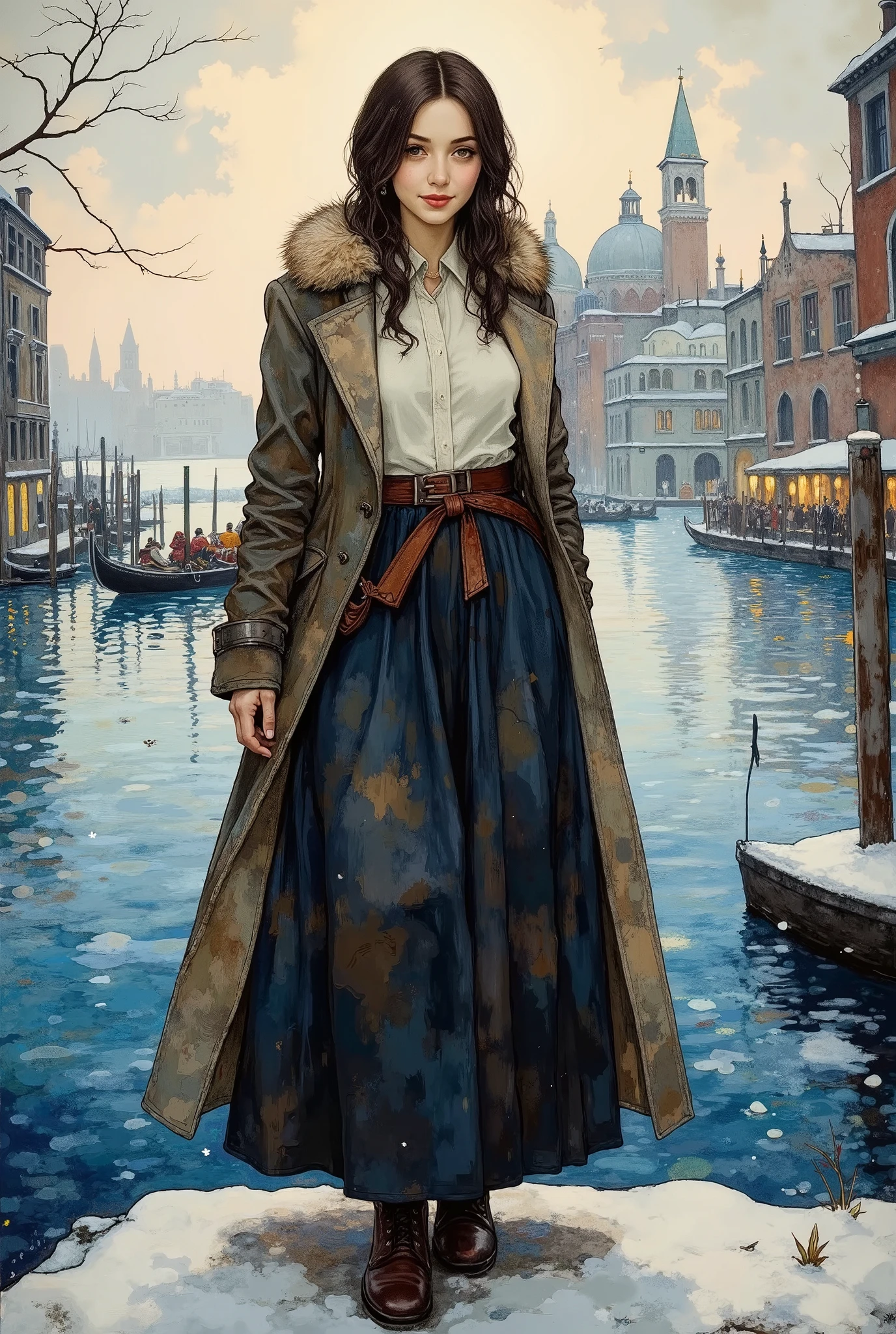 (8k, top quality, Masterpiece , Final Fantasy Style: 1.2),Impressionist paintings, landscape paintings, pointillism, paintings influenced by Seurat, Venice in winter, St. Mark's Square, canal, gondola, Venice in fog, thick morning mist, quiet dawn, twilight canal, soft morning sun, beautiful woman in long skirt and long coat smiling with morning sun on her face, close up