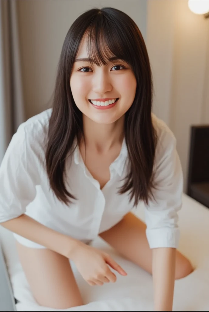 Super detailed, High resolution, Realistic, RAWphotograph, ((Real person)), Detailed skin, (Delicate black eyes ), Soothing woman with droopy eyes, calm and calm, Mid-length hair, skinny,solitary confinement、Fluorescent lamp、Cot、Sitting on the bed、Prostitute、Beautiful woman、Oversized shirt、Cleavage、barefoot、photograph家を見る、smile、photograph, photoRealistic, masterpiece, Highest quality, High resolution, 4K,Cleavage
