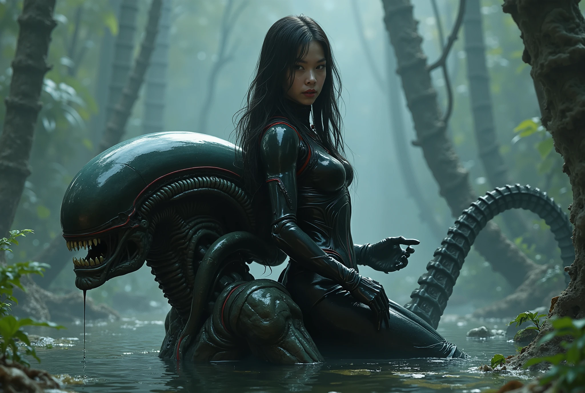 Japanese girl in a space suit, about 18 years old, wearing black leather with red trim, tight, long hair, she is riding the back of a xenomorph, alien swamp, misty, scary, but the girl feels safe, xenomorph is her pet and friend, classic fumetto style, Frazetta, Italian horror/sci-fi aesthetic, lurid and vivid colors, technicolor tradition, intricate, detailed,