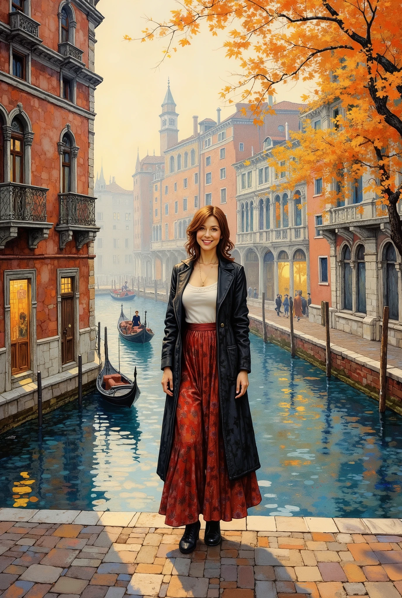 (8k, top quality, Masterpiece , Final Fantasy Style: 1.2),Impressionist painting, landscape painting, pointillism, painting influenced by Seurat, autumn in Venice, St. Mark's Square, canal, gondola, foggy Venice, thick morning mist, quiet dawn, twilight canal, soft morning sun, beautiful woman with large breasts wearing a long skirt and long coat smiling with the morning sun on her face, (full body close up)