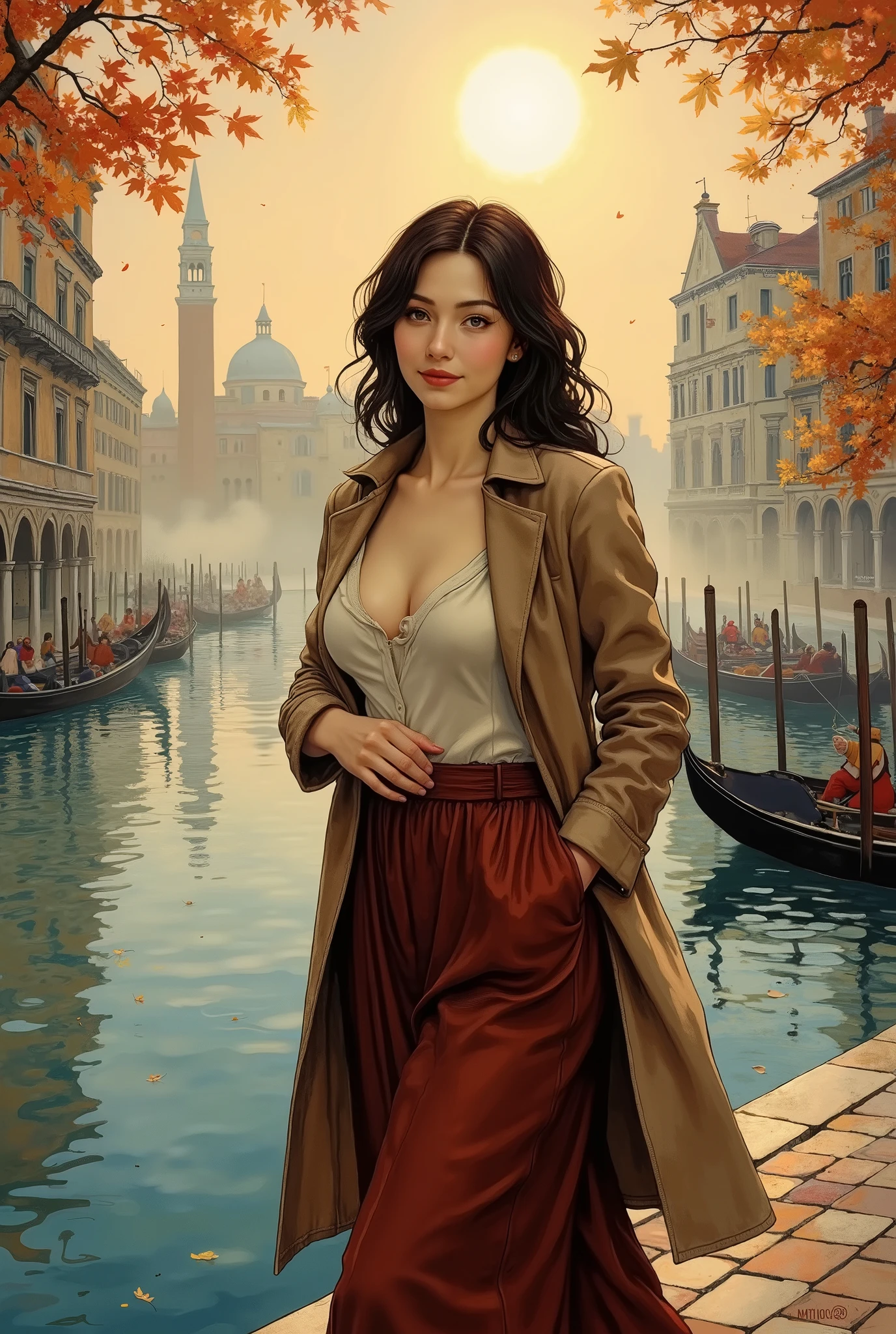 (8k, top quality, Masterpiece , Final Fantasy Style: 1.2),Impressionist painting, landscape painting, pointillism, painting influenced by Seurat, autumn in Venice, St. Mark's Square, canal, gondola, foggy Venice, thick morning mist, quiet dawn, twilight canal, soft morning sun, beautiful woman with large breasts wearing a long skirt and long coat smiling with the morning sun on her face, (full body close up:1.4)