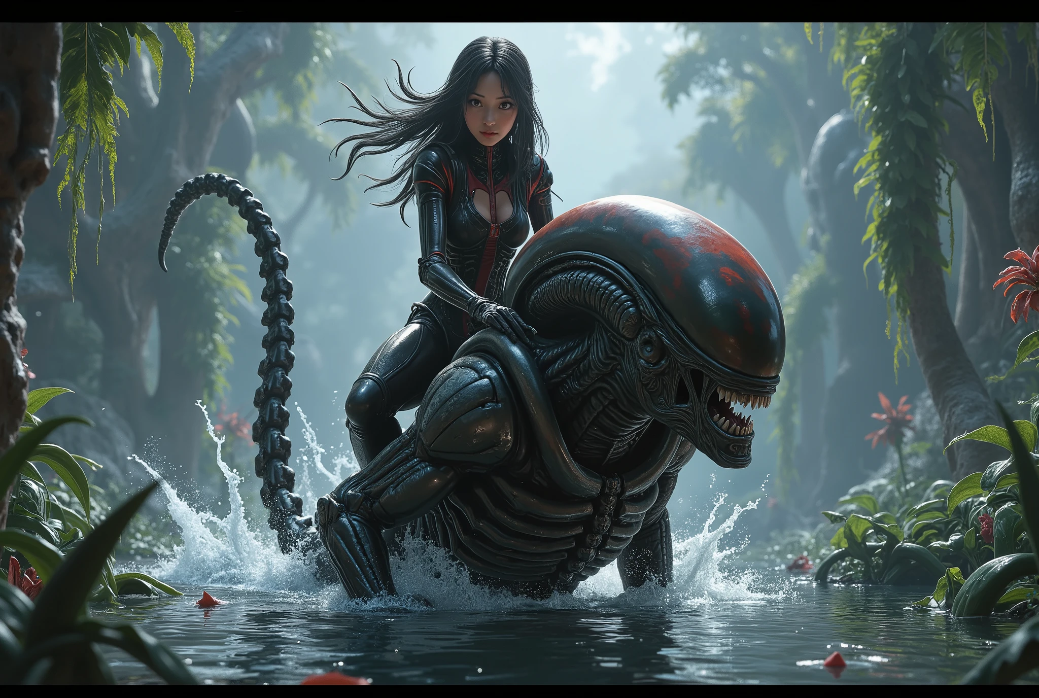 Japanese girl in a space suit, about 18 years old, wearing black leather with red trim, space suit is tight, long hair, she is riding on the back of a xenomorph, distant alien swamp, misty, scary, but the girl feels safe, xenomorph is her pet and friend, misty, dark greens, creatures swimming in water, classic fumetto style, Frazetta, Italian horror/sci-fi aesthetic, lurid and vivid colors, technicolor tradition, intricate, detailed,