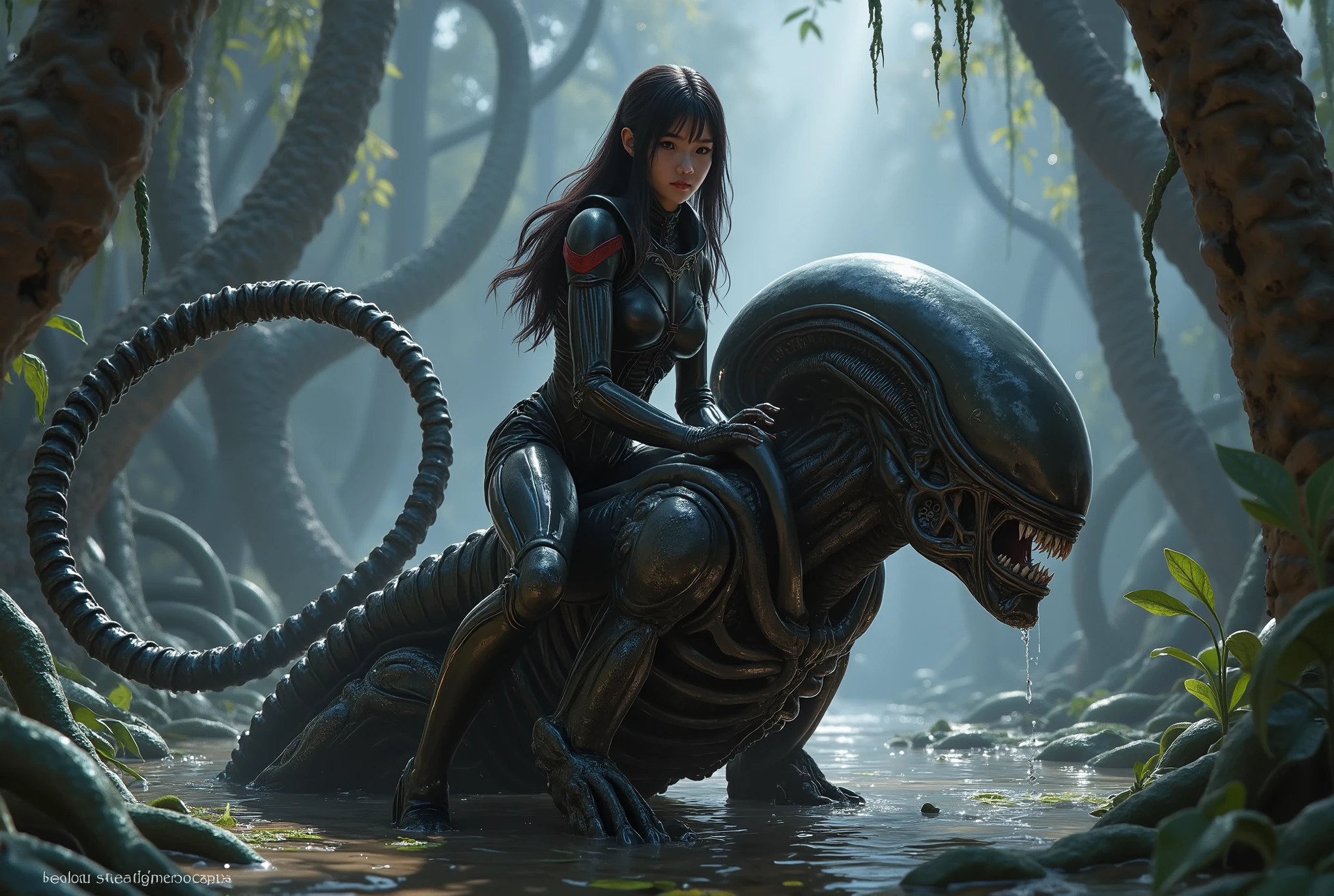 Japanese girl in a space suit, about 18 years old, wearing black leather with red trim, tight, long hair, she is riding the back of a xenomorph, alien swamp, misty, scary, but the girl feels safe, xenomorph is her pet and friend, classic fumetto style, Frazetta, Italian horror/sci-fi aesthetic, lurid and vivid colors, technicolor tradition, intricate, detailed,