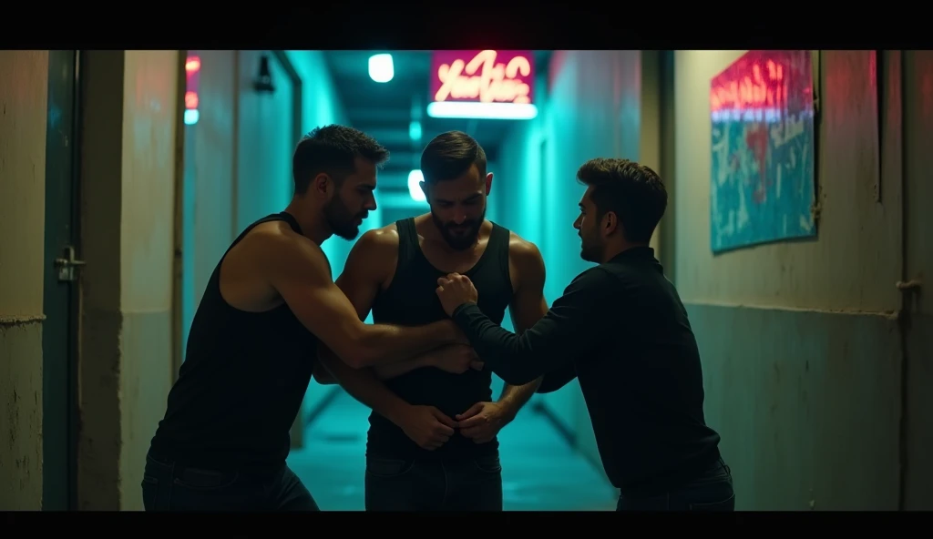 Two against one, the one is shirtless, the two are fully clothed, one is being gutpunched 