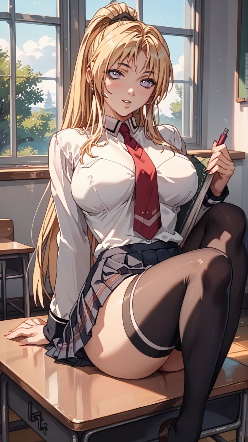 (masterpiece:1.2, best quality), 1lady, solo, , classroom, day, sit, blonde, twintails, red eyes, open collabone, darkskin, (open breasts:1.1),