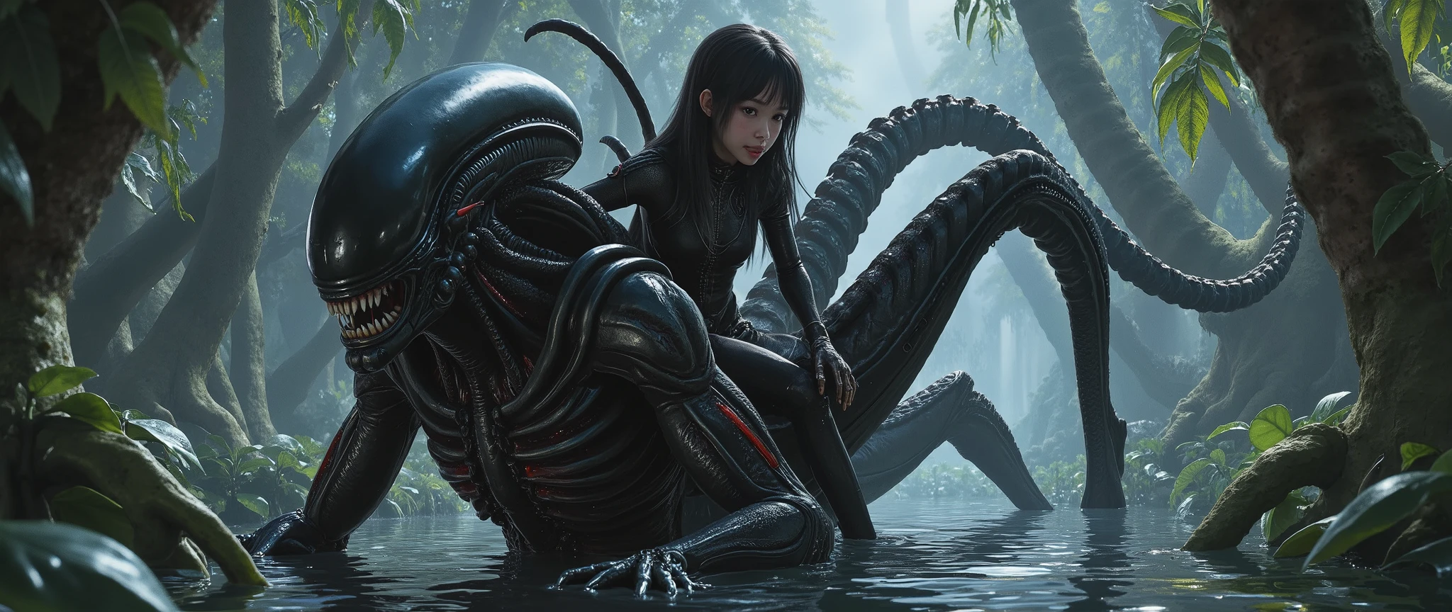 Japanese girl in a space suit, about 18 years old, wearing black leather with red trim, tight, long hair, she is riding the back of a xenomorph, alien swamp, misty, scary, but the girl feels safe, xenomorph is her pet and friend, classic fumetto style, Frazetta, Italian horror/sci-fi aesthetic, lurid and vivid colors, technicolor tradition, intricate, detailed,