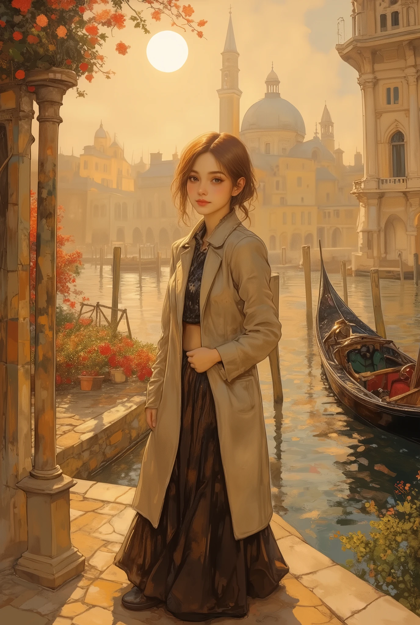 (8k, top quality, Masterpiece , Final Fantasy Style: 1.2),Impressionist paintings, landscape paintings, pointillism, paintings influenced by Seurat, Venice in early spring, St. Mark's Square, canal, gondola, Venice in fog, thick morning mist, quiet dawn, twilight canal, soft morning sun, beautiful woman in long skirt and long coat smiling with morning sun on her face, (full body close up:1.4)