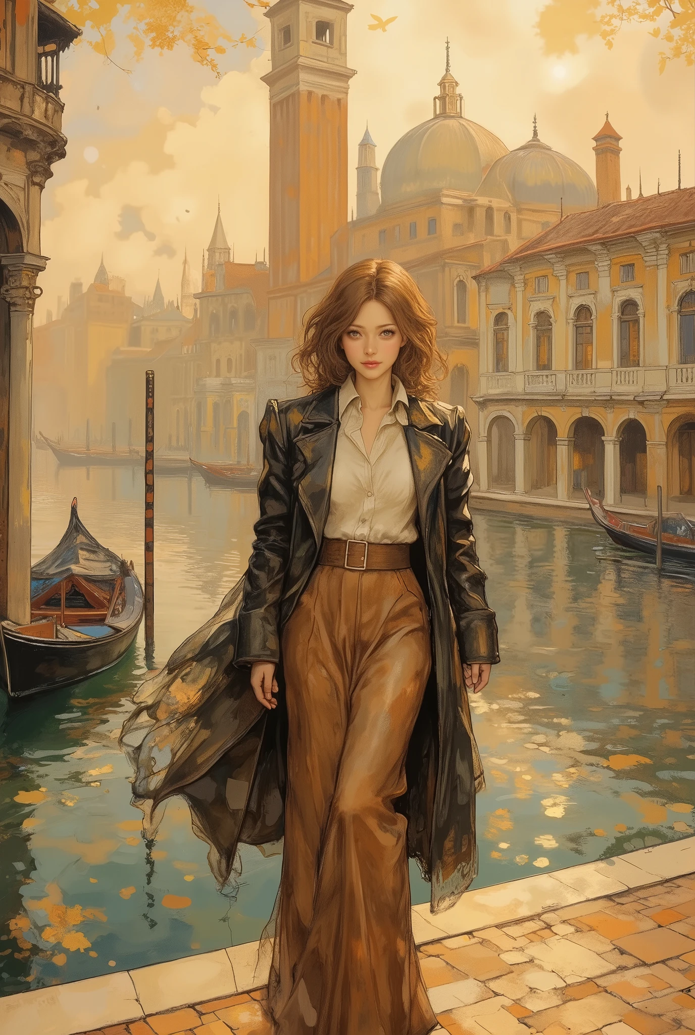 (8k, top quality, Masterpiece , Final Fantasy Style: 1.2),Impressionist paintings, landscape paintings, pointillism, paintings influenced by Seurat, Venice in early spring, St. Mark's Square, canal, gondola, Venice in fog, thick morning mist, quiet dawn, twilight canal, soft morning sun, beautiful woman in long skirt and long coat smiling with morning sun on her face, (full body close up:1.4)