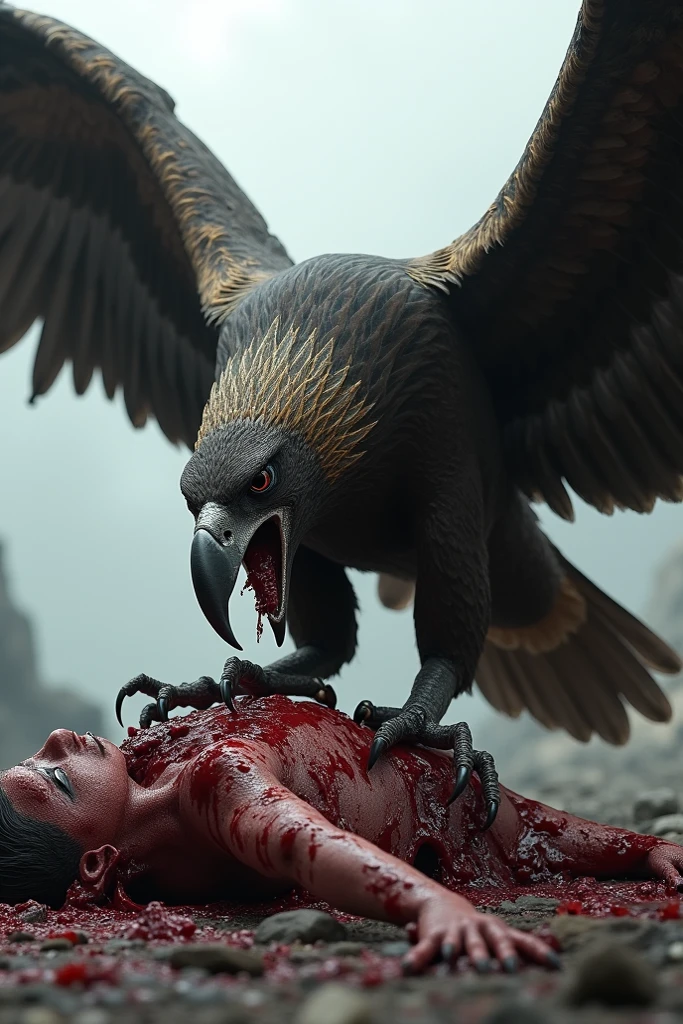 promised with his legs and arms tied in agony and covered in blood while the bird pecks at his belly