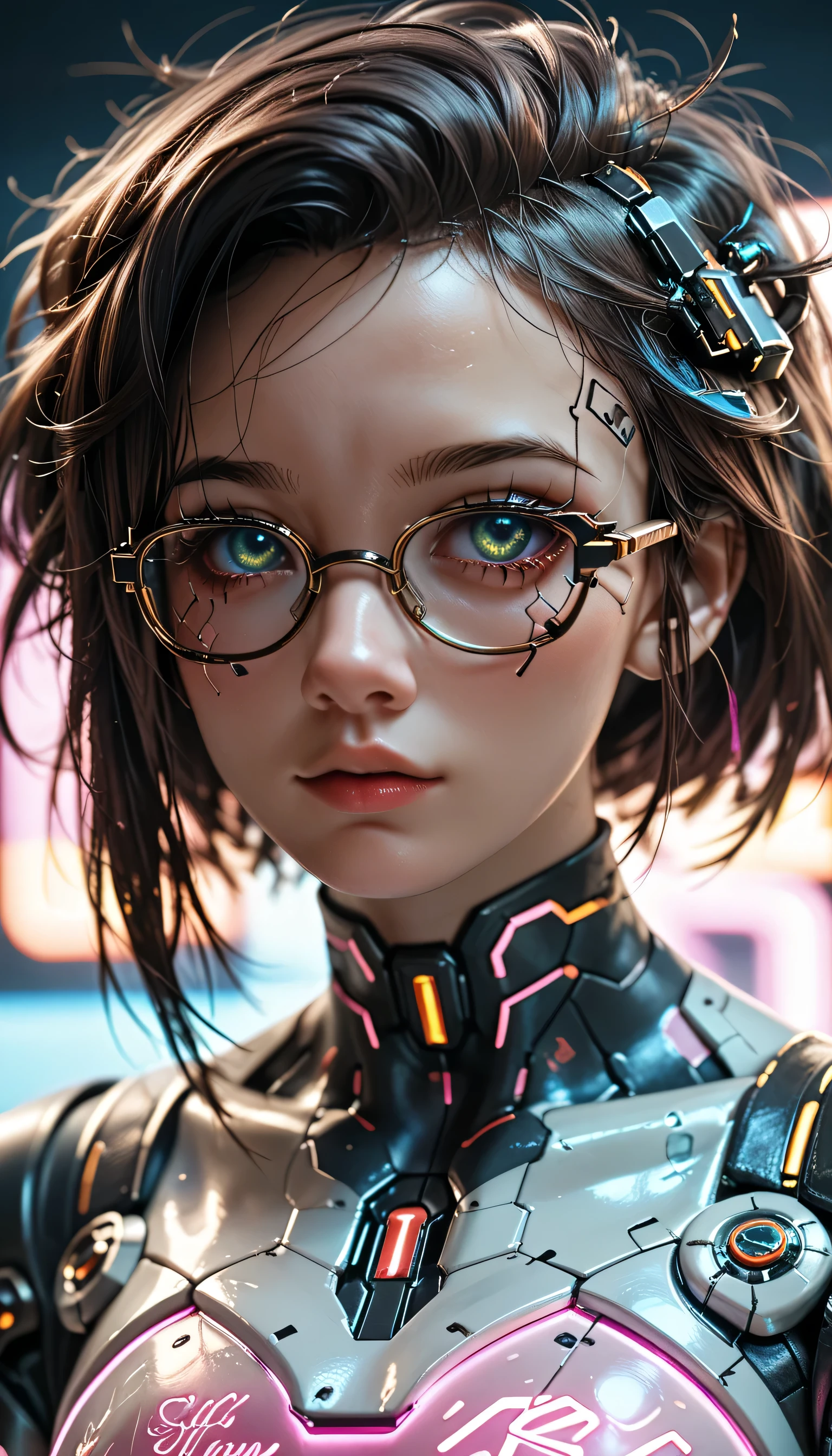 (Masterpiece, best quality , Details:1.2), 1 girl, close-up, intricate detail that sticks out your left fist, ( cyberpunk:1.4), mechanical式アーム, Glasses, messy hair, (glowing neon armor:1.2), mechanical, colorful background