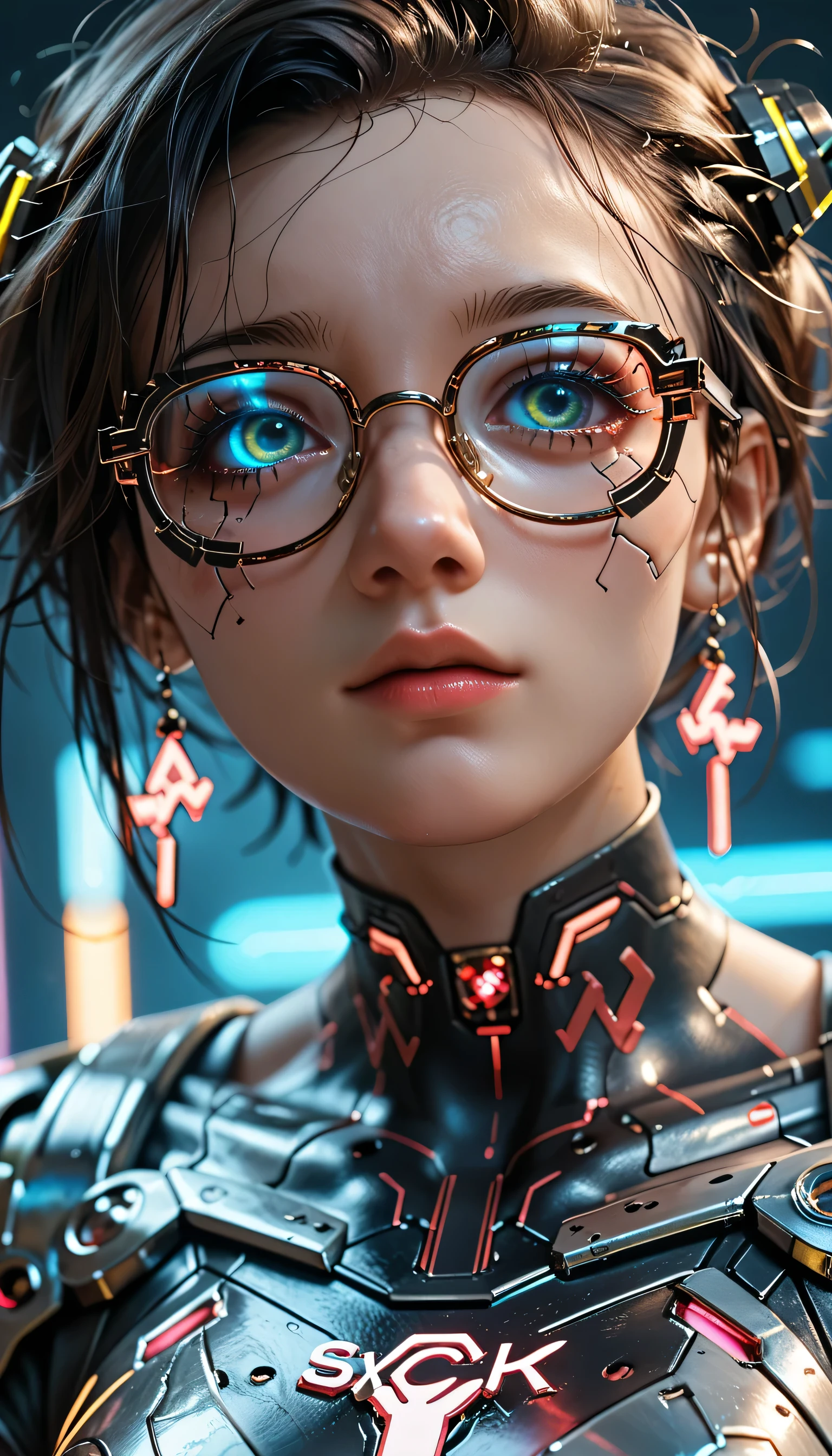 (Masterpiece, best quality , Details:1.2), 1 girl, close-up, intricate detail that sticks out your left fist, ( cyberpunk:1.4), mechanical式アーム, Glasses, messy hair, (glowing neon armor:1.2), mechanical, colorful background